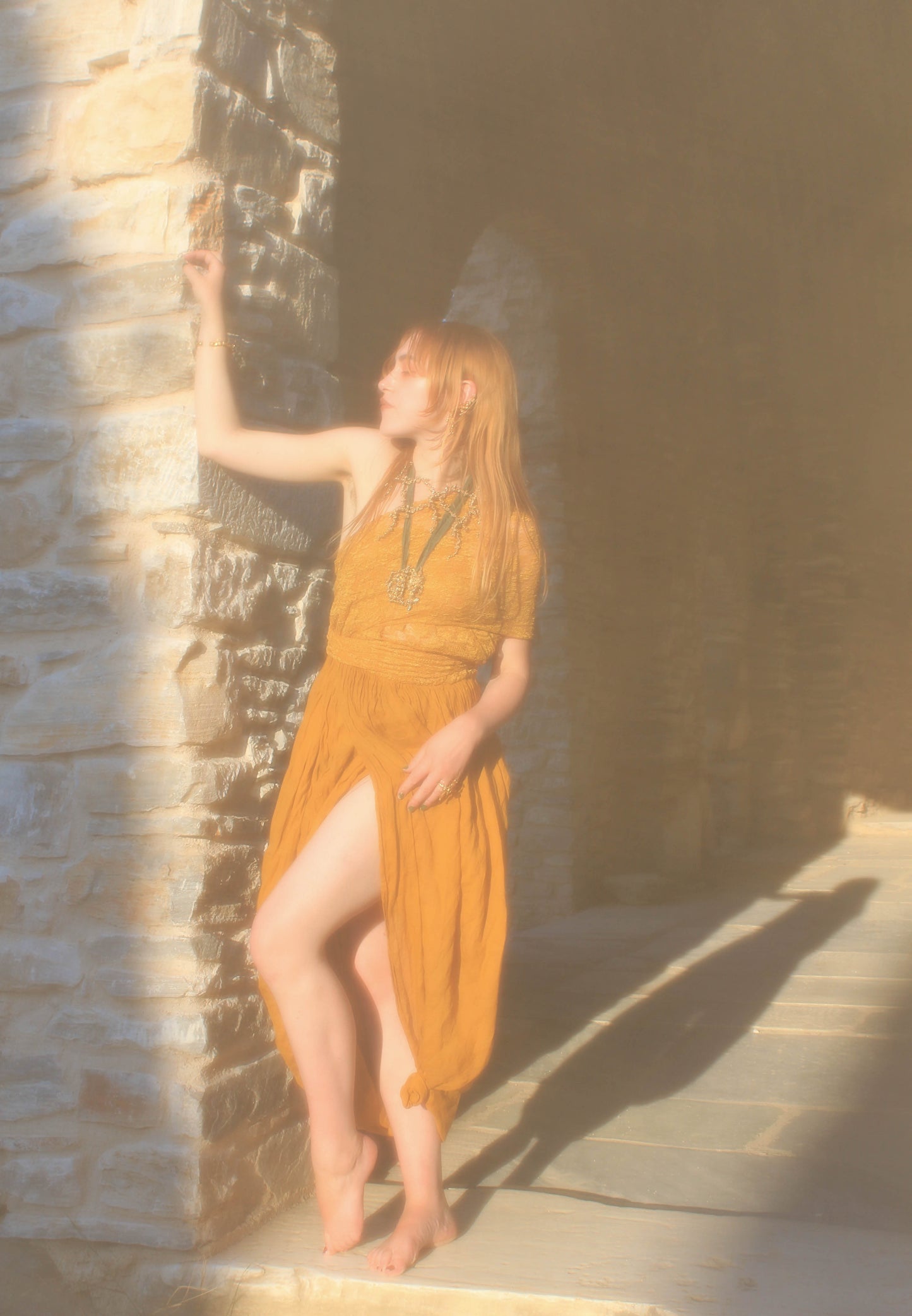 Callaghan - Romeo Gigli Era - Golden Ochre Cocoon Dress with Draped Lace Top