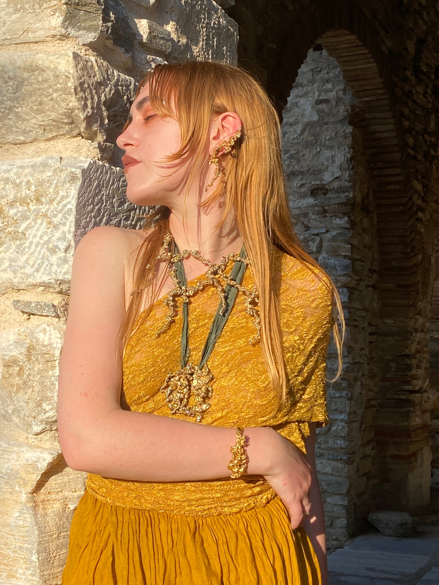 Callaghan - Romeo Gigli Era - Golden Ochre Cocoon Dress with Draped Lace Top