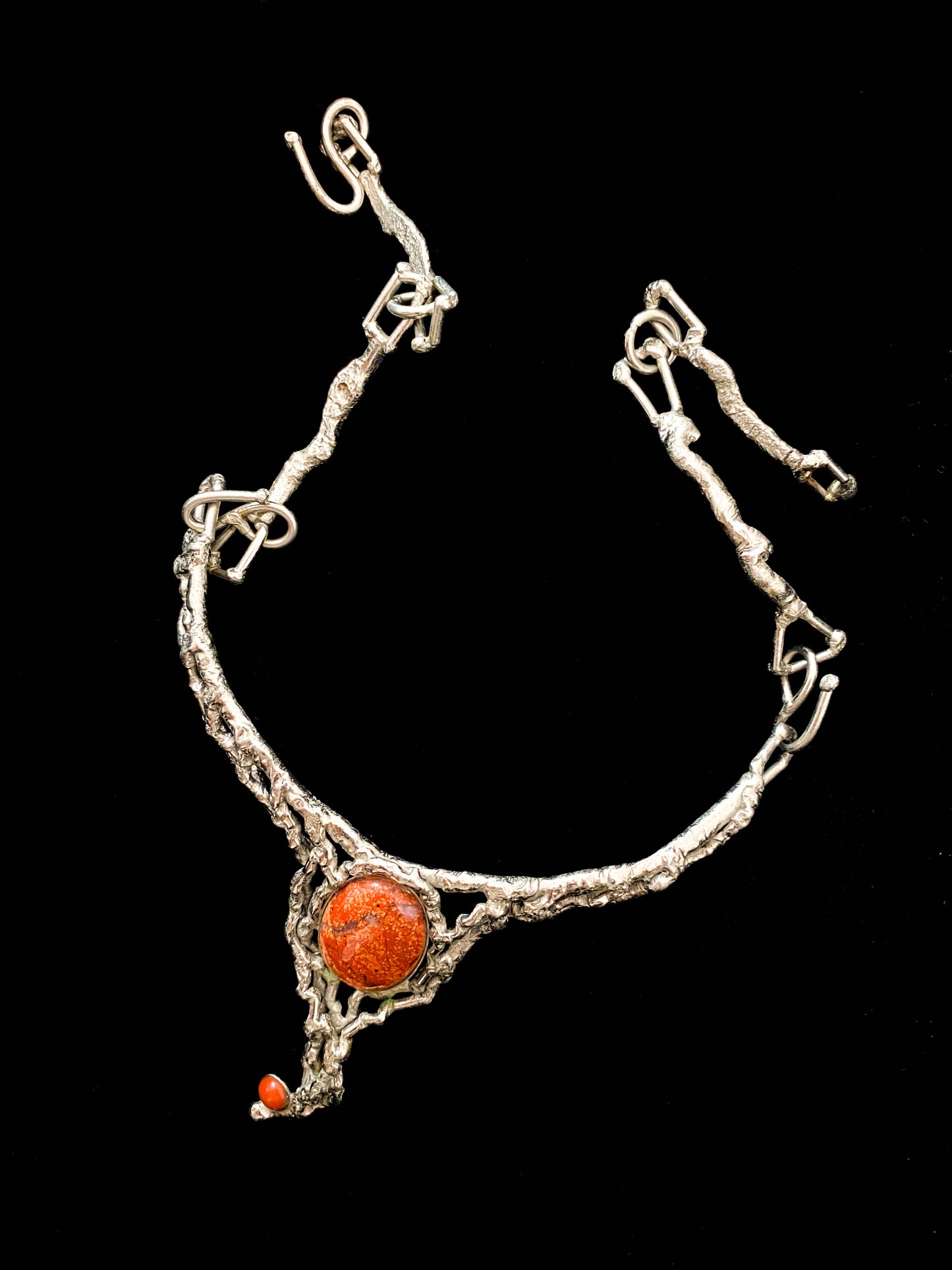 Biomorphic Brutalist Silver and Red Stone Necklace