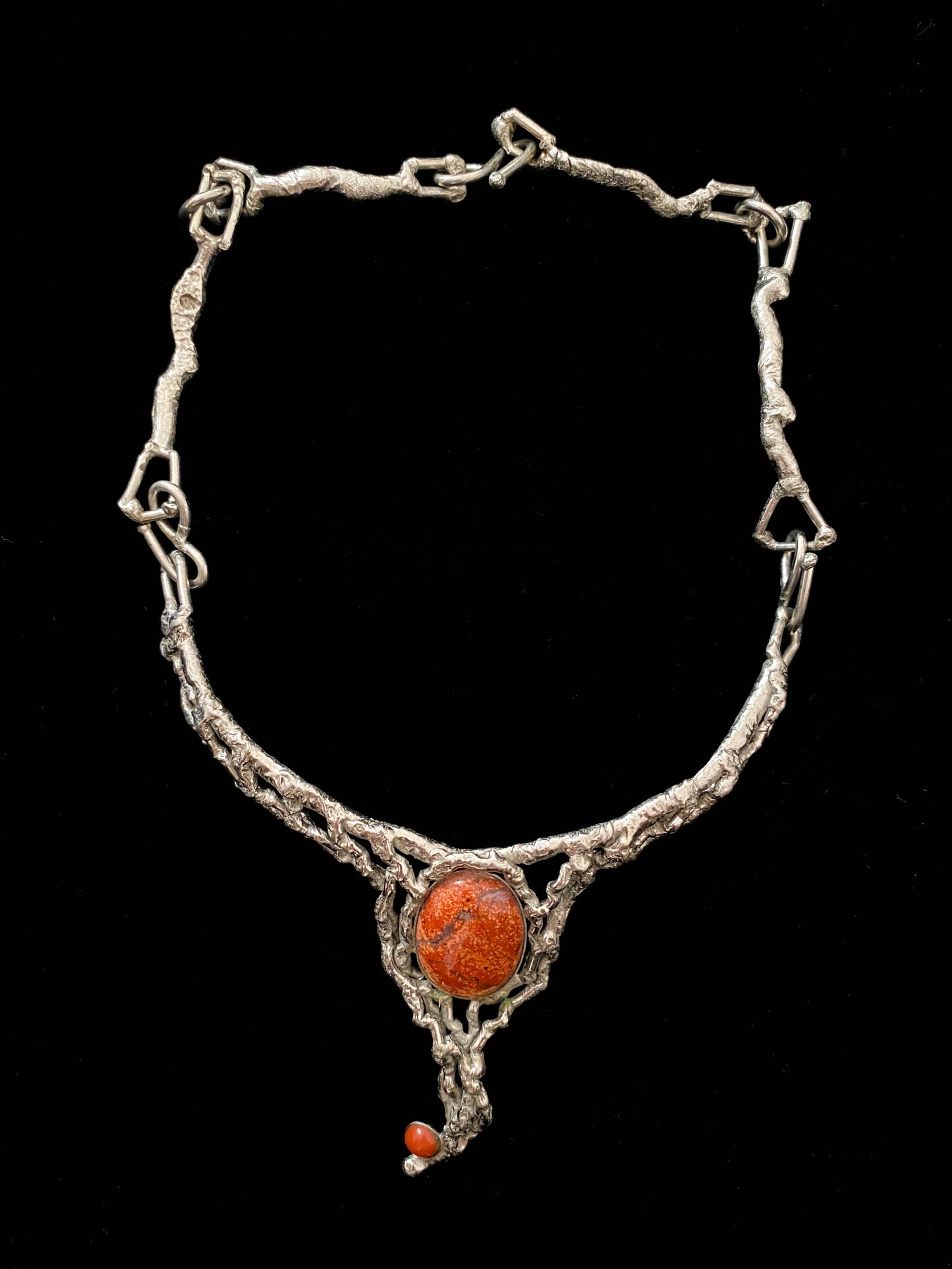 Biomorphic Brutalist Silver and Red Stone Necklace