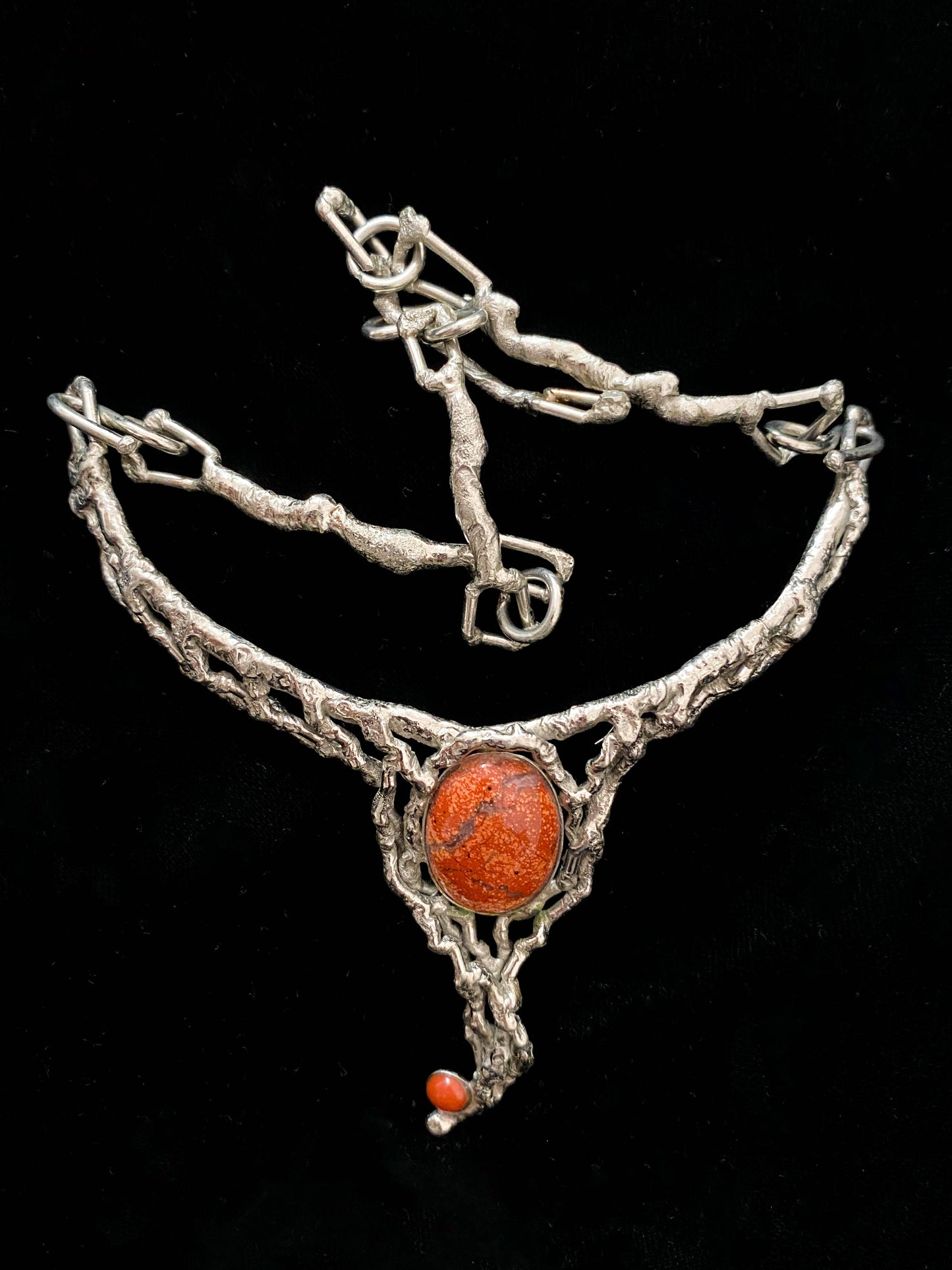 Biomorphic Brutalist Silver and Red Stone Necklace
