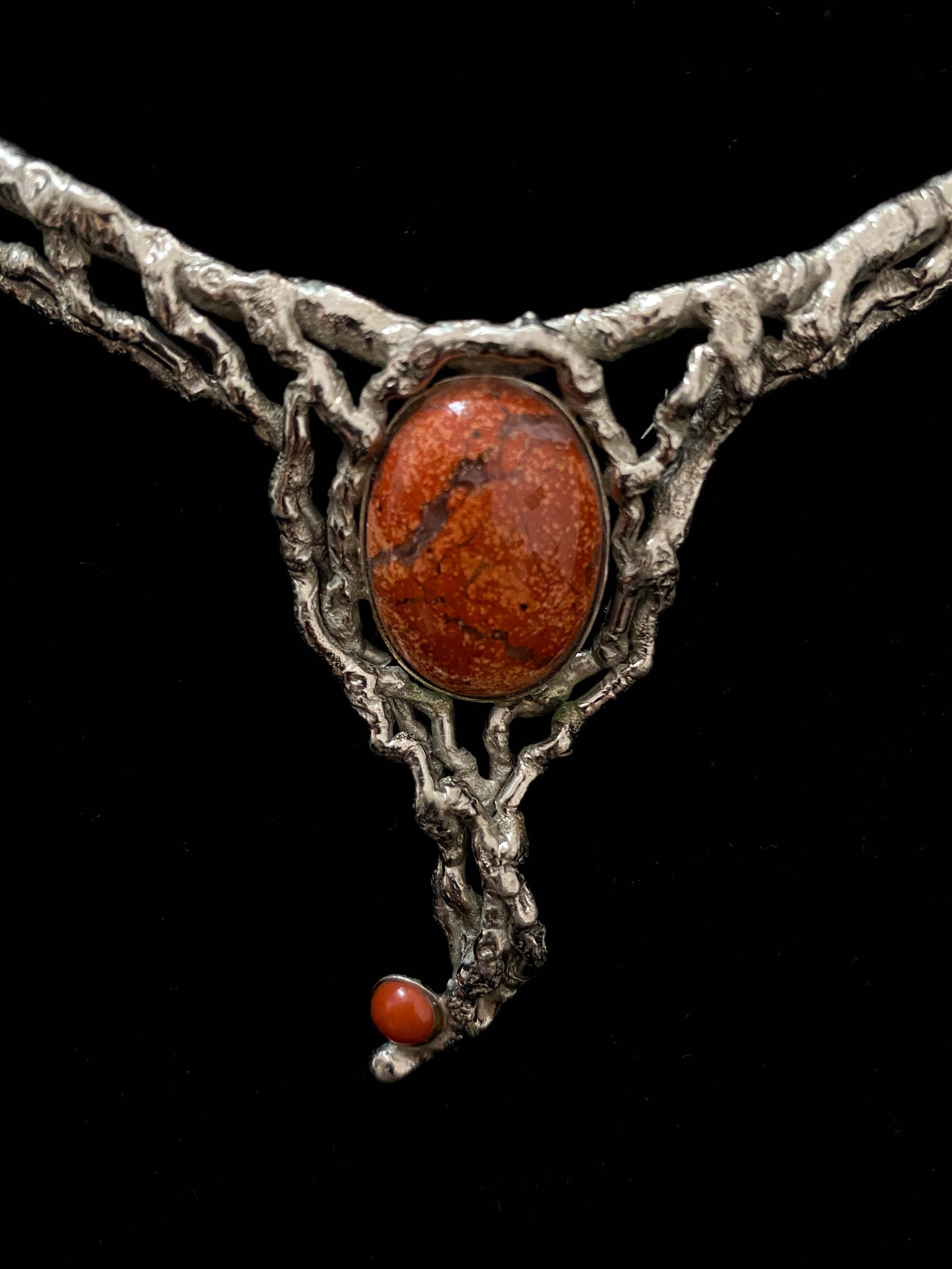 Biomorphic Brutalist Silver and Red Stone Necklace
