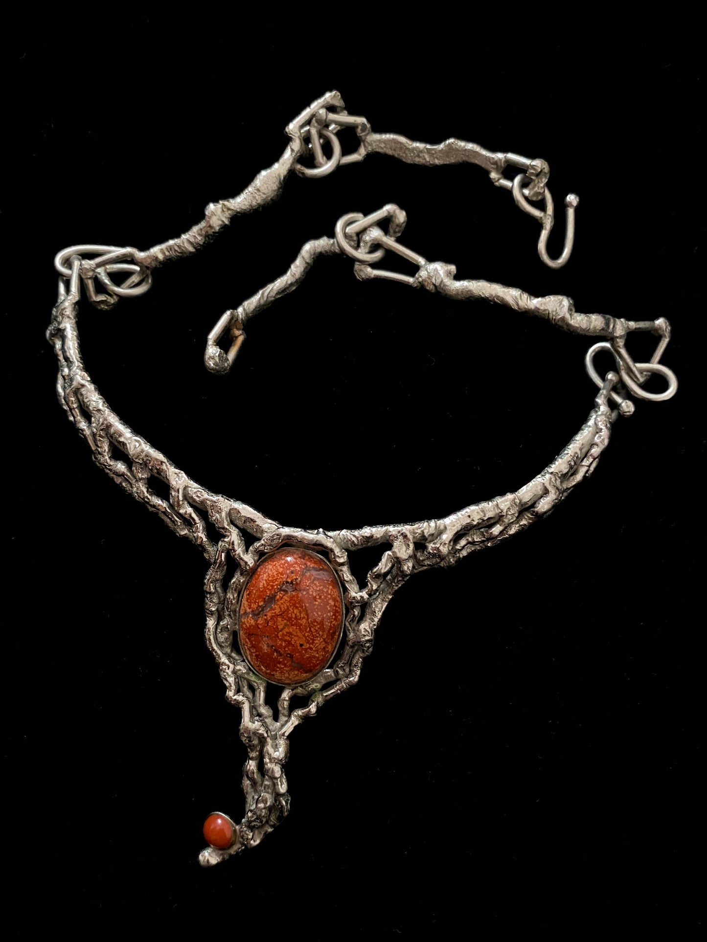Biomorphic Brutalist Silver and Red Stone Necklace