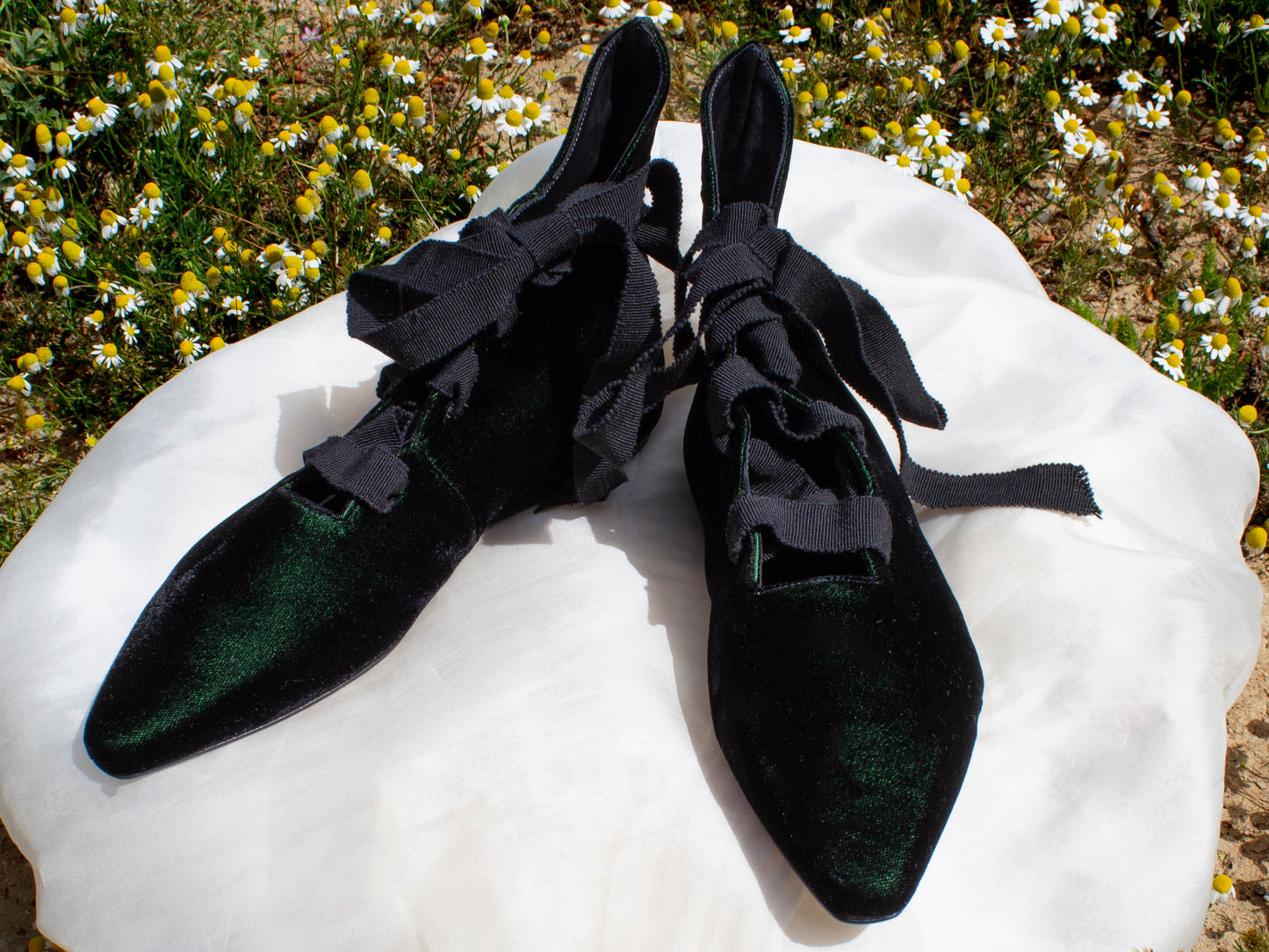Romeo Gigli Casadei A/W 1990 Black Green Velvet Shoes