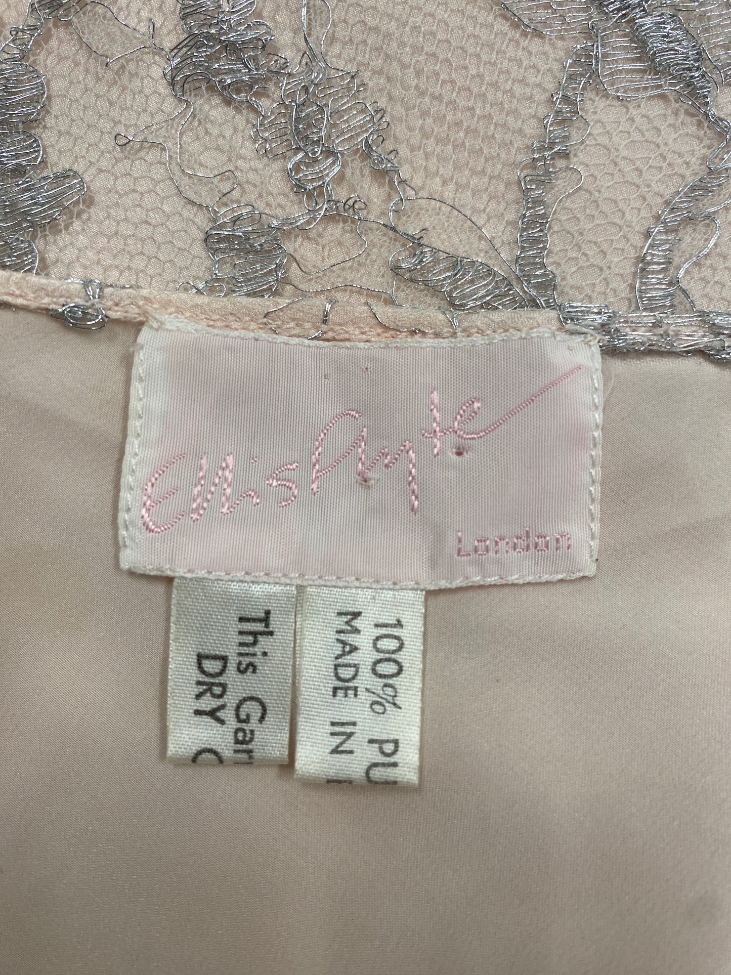 Ellis Flyte 80s Pale Pink Silk and Silver Lace Slip Dress