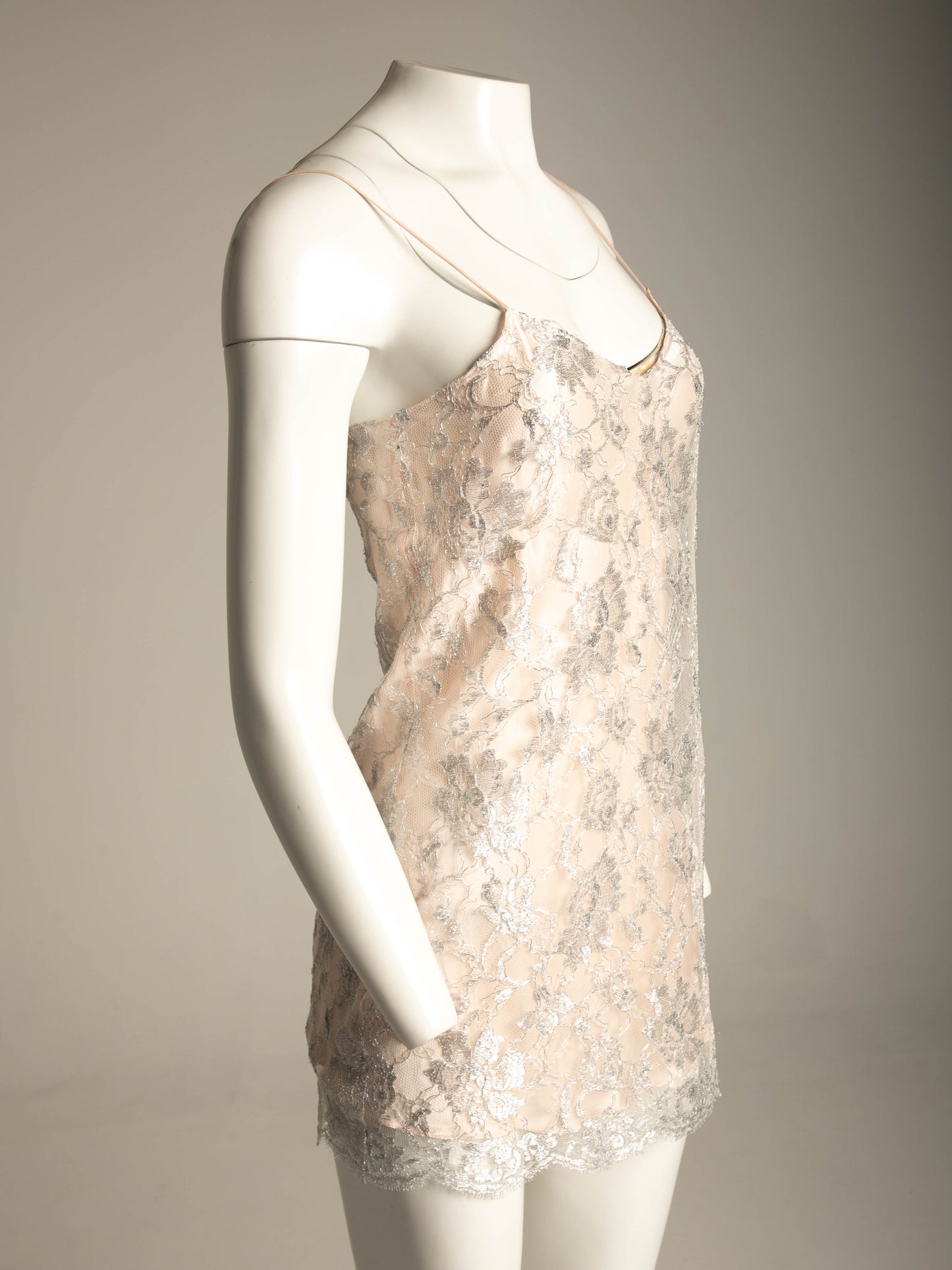 Ellis Flyte 80s Pale Pink Silk and Silver Lace Slip Dress