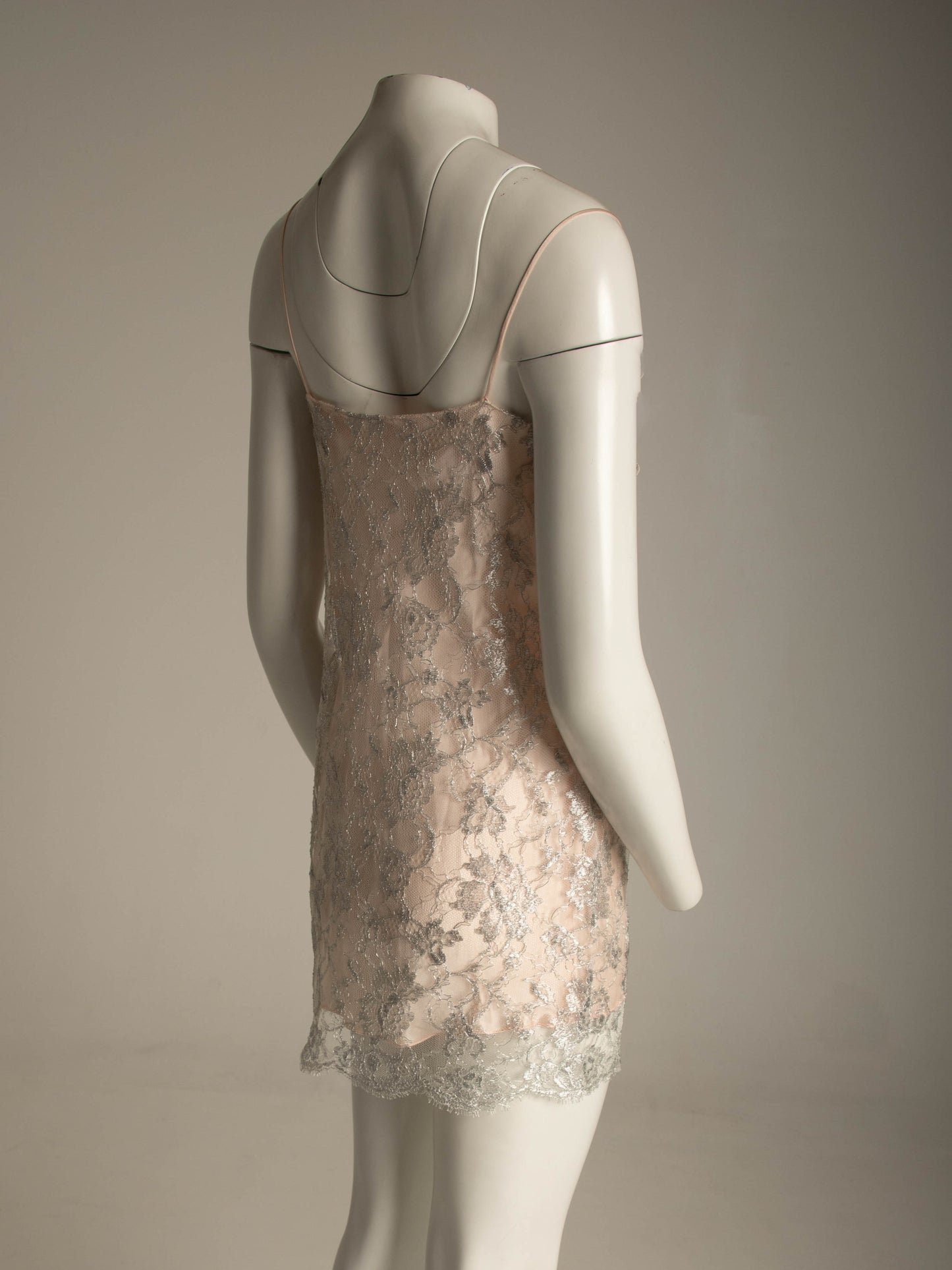 Ellis Flyte 80s Pale Pink Silk and Silver Lace Slip Dress