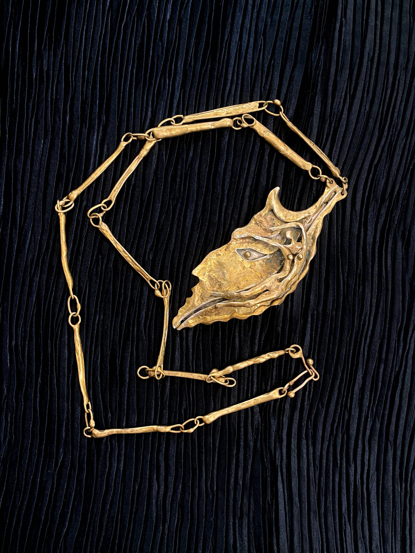 Armando Lozano Ramirez Brutalist Bronze Leaf Face Necklace