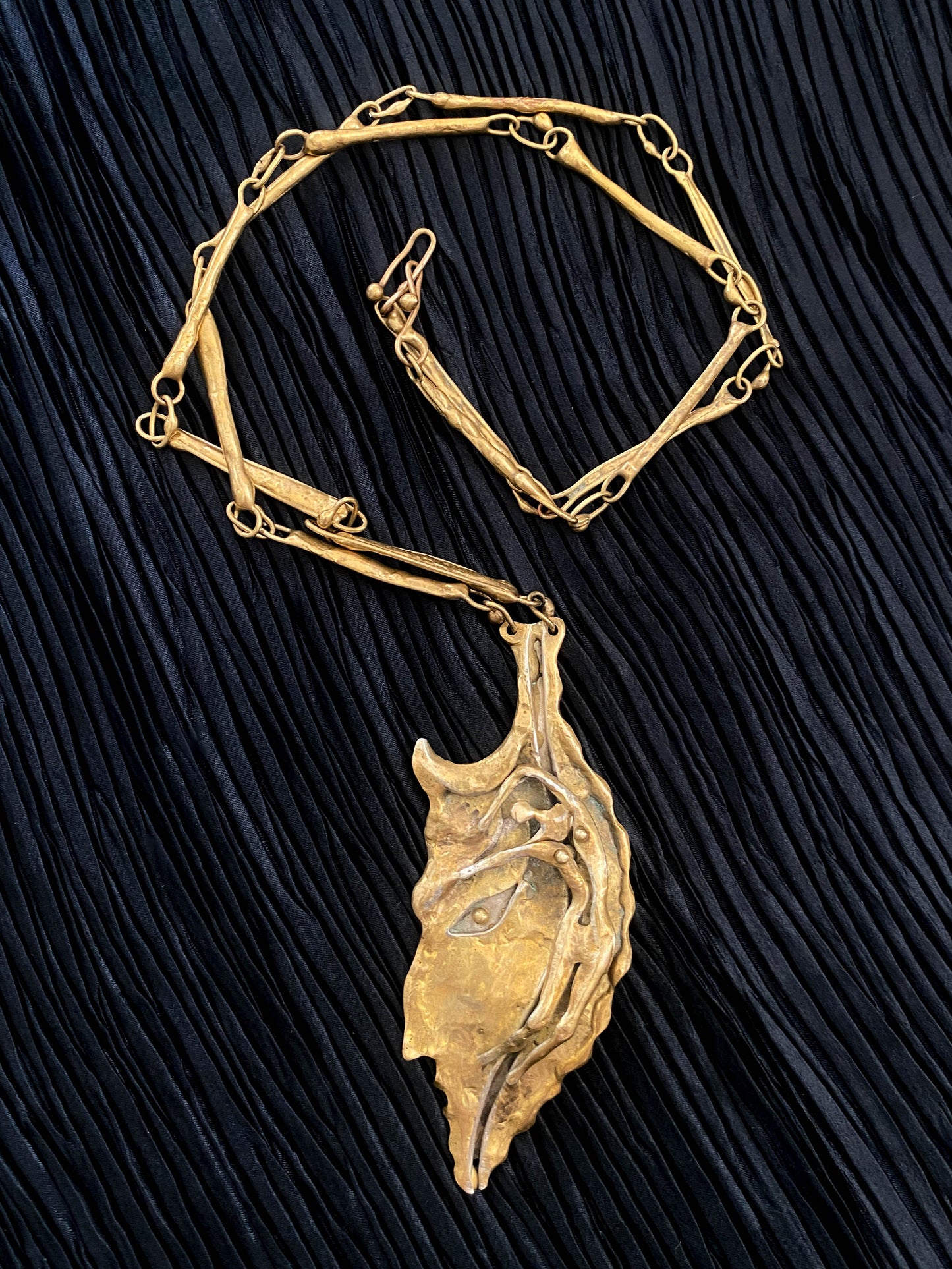 Armando Lozano Ramirez Brutalist Bronze Leaf Face Necklace