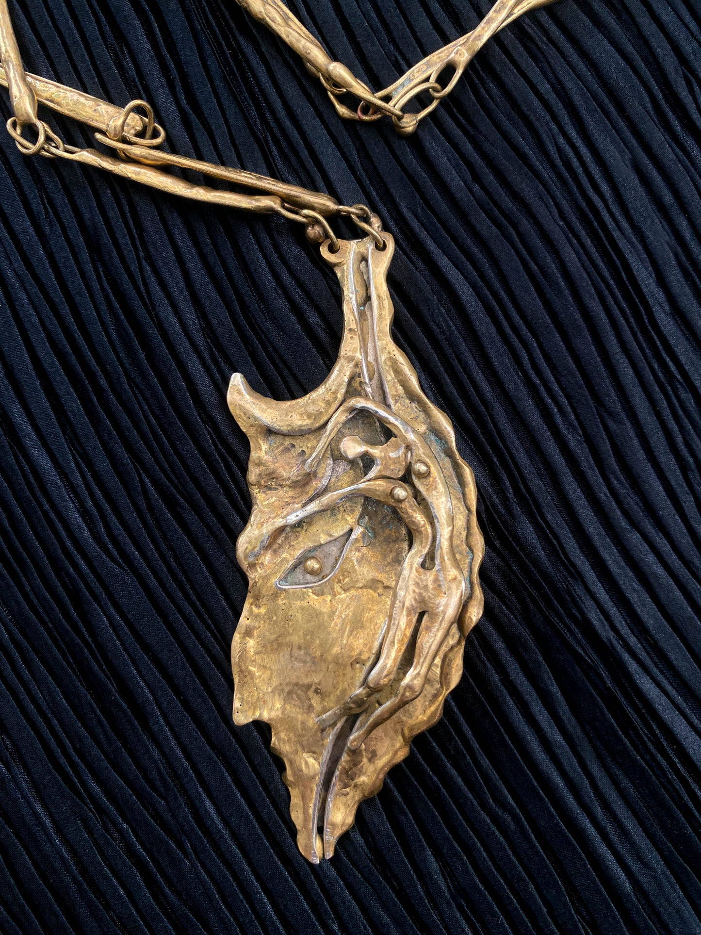 Armando Lozano Ramirez Brutalist Bronze Leaf Face Necklace