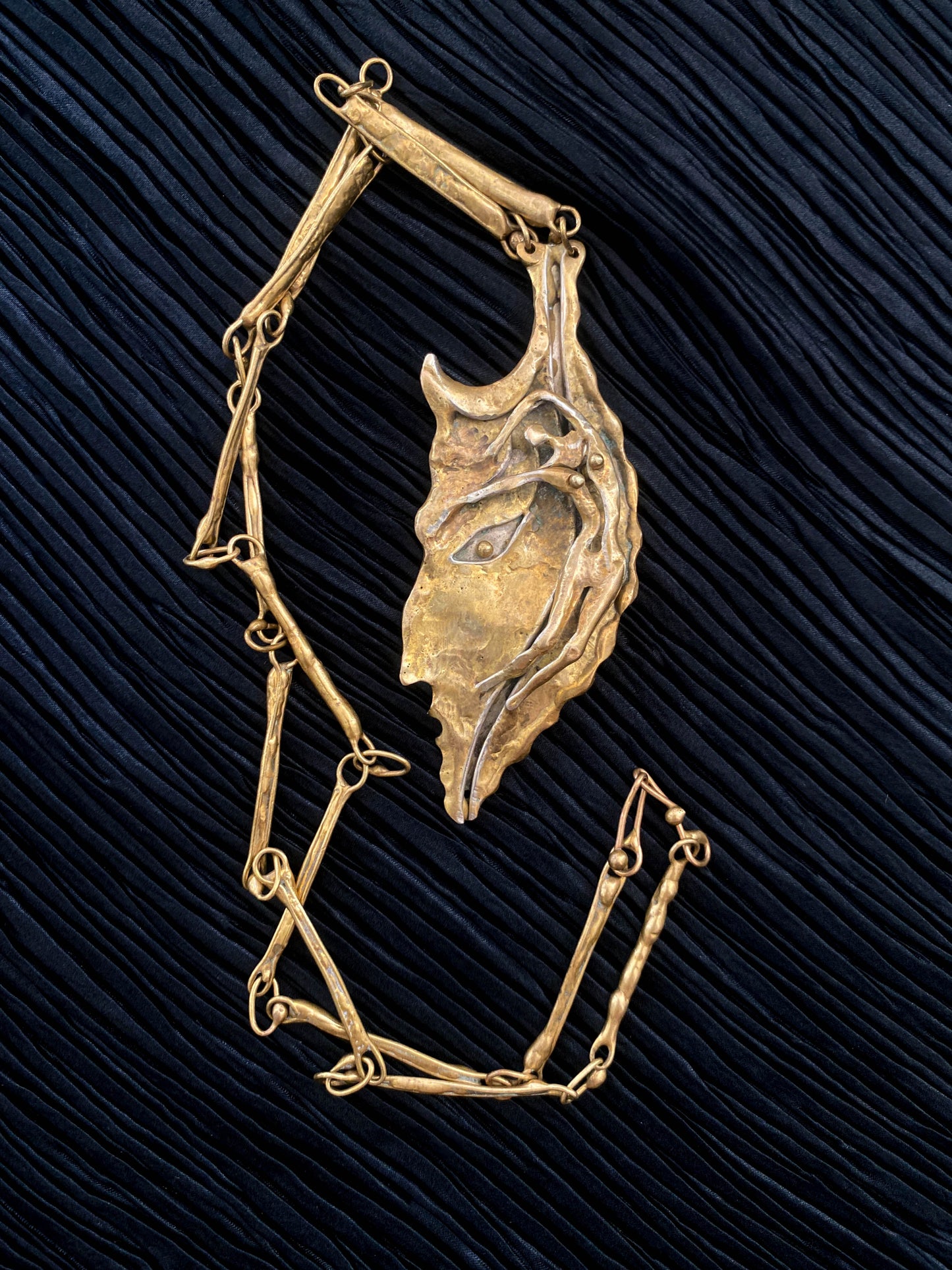 Armando Lozano Ramirez Brutalist Bronze Leaf Face Necklace