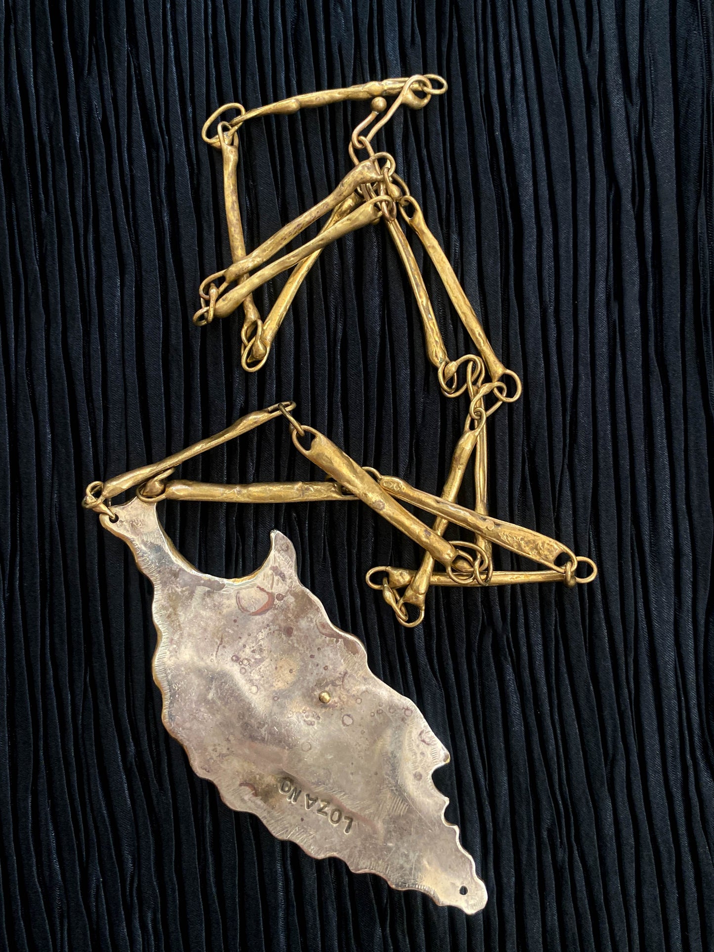 Armando Lozano Ramirez Brutalist Bronze Leaf Face Necklace