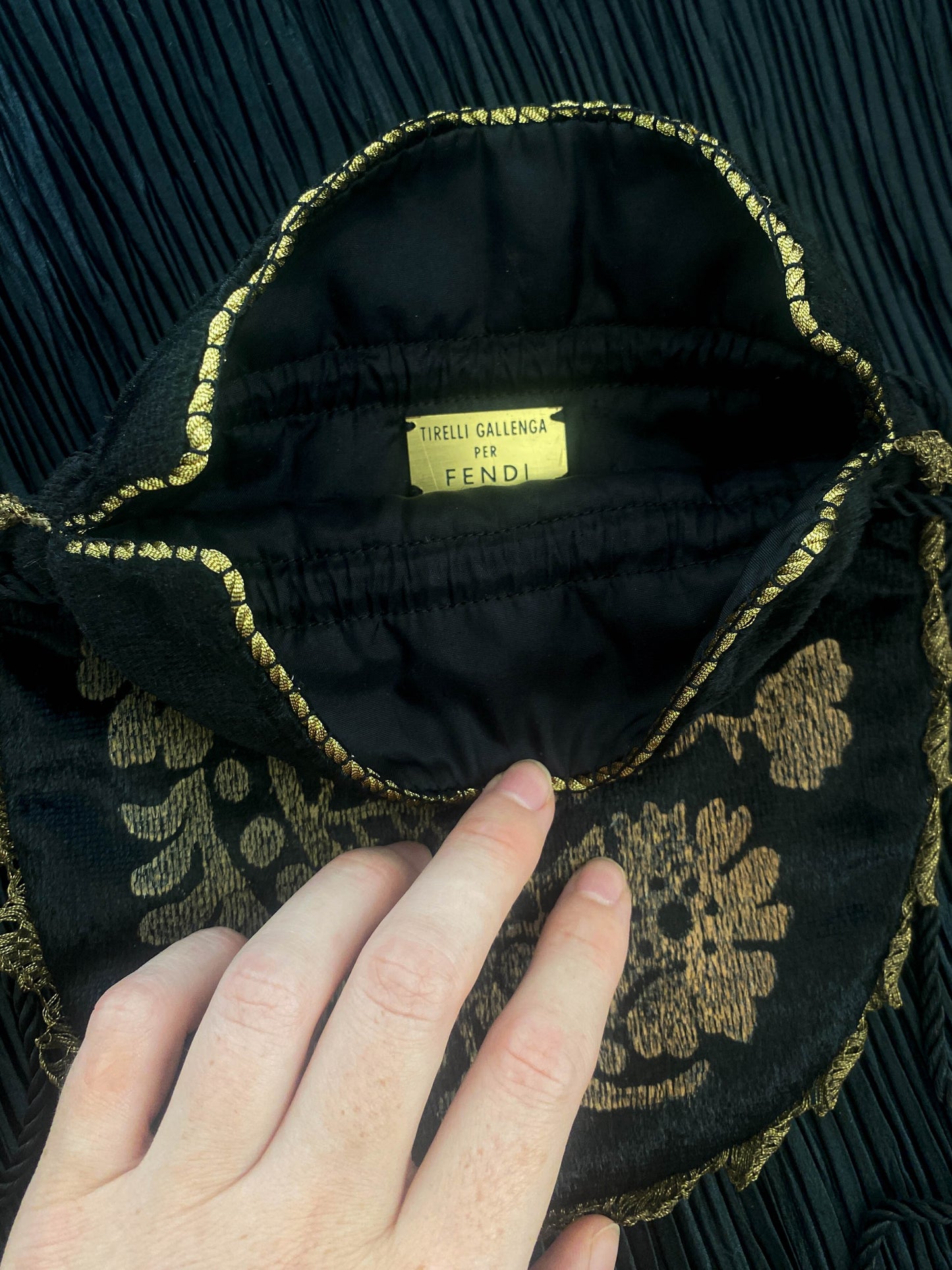 Tirelli Gallenga Por Fendi Screen Printed Black Velvet Pouch Circa 80s