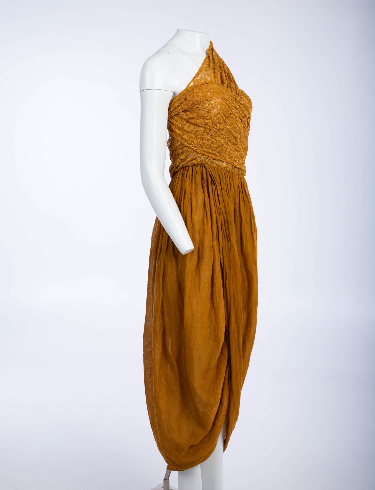 Callaghan - Romeo Gigli Era - Golden Ochre Cocoon Dress with Draped Lace Top
