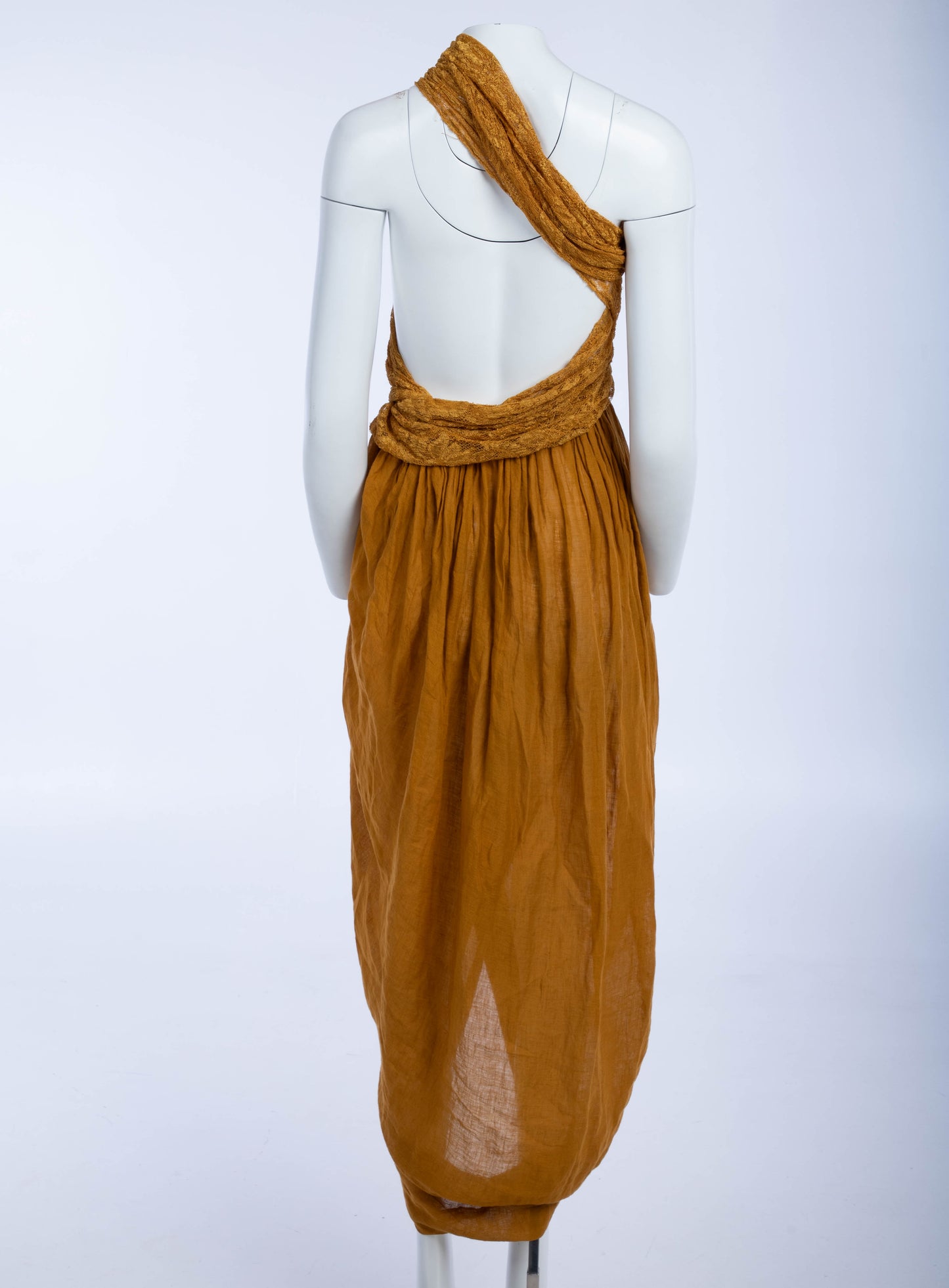 Callaghan - Romeo Gigli Era - Golden Ochre Cocoon Dress with Draped Lace Top