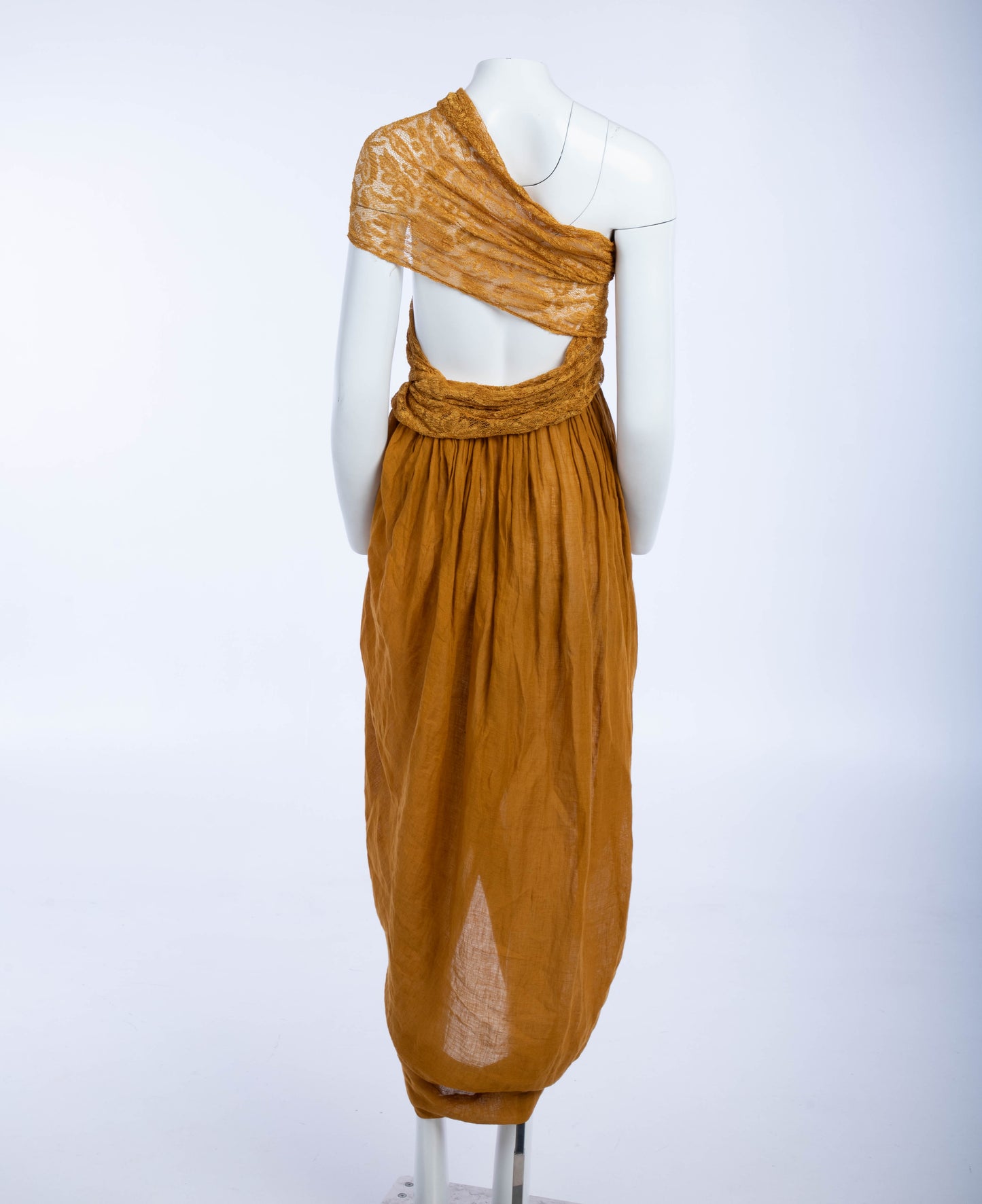 Callaghan - Romeo Gigli Era - Golden Ochre Cocoon Dress with Draped Lace Top