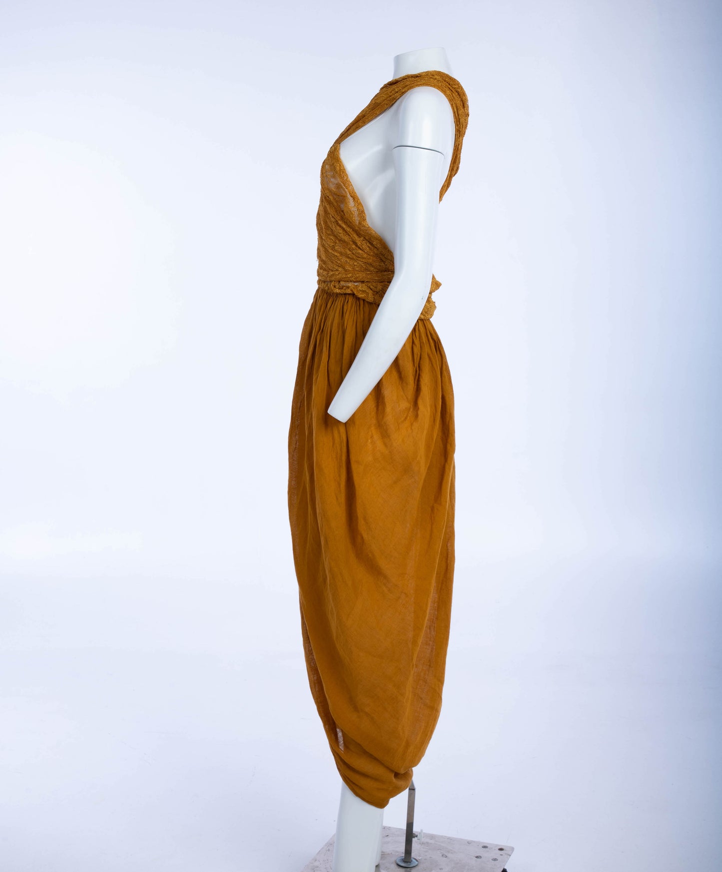 Callaghan - Romeo Gigli Era - Golden Ochre Cocoon Dress with Draped Lace Top