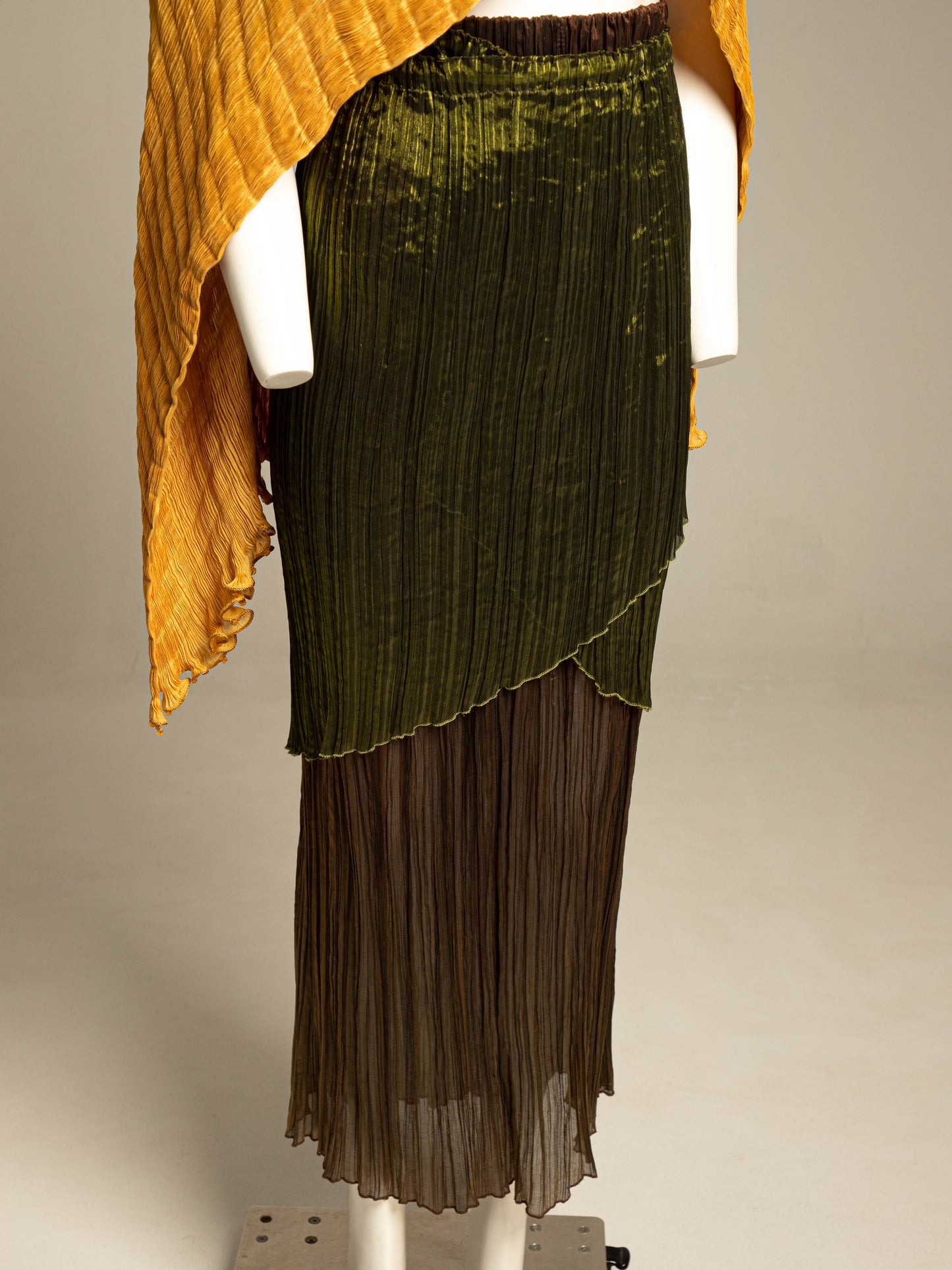 Art-to-wear Bronze and Green Pleated Layered Skirt