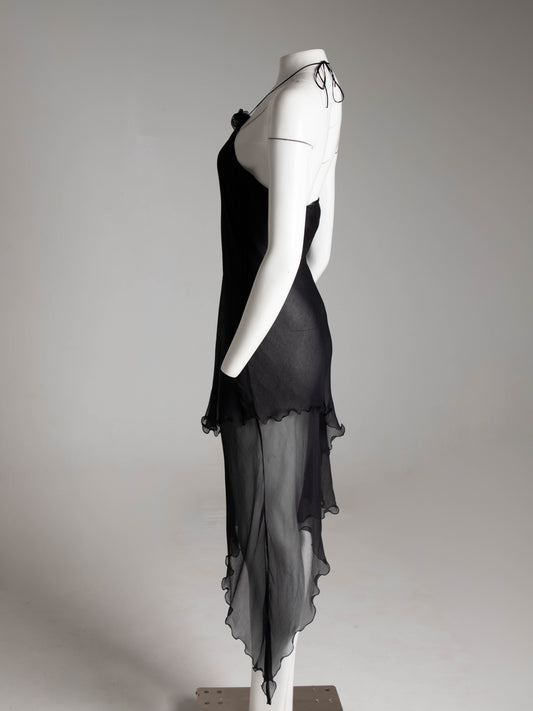 Romeo Gigli Ethereal Black Silk Asymmetric Slip Dress