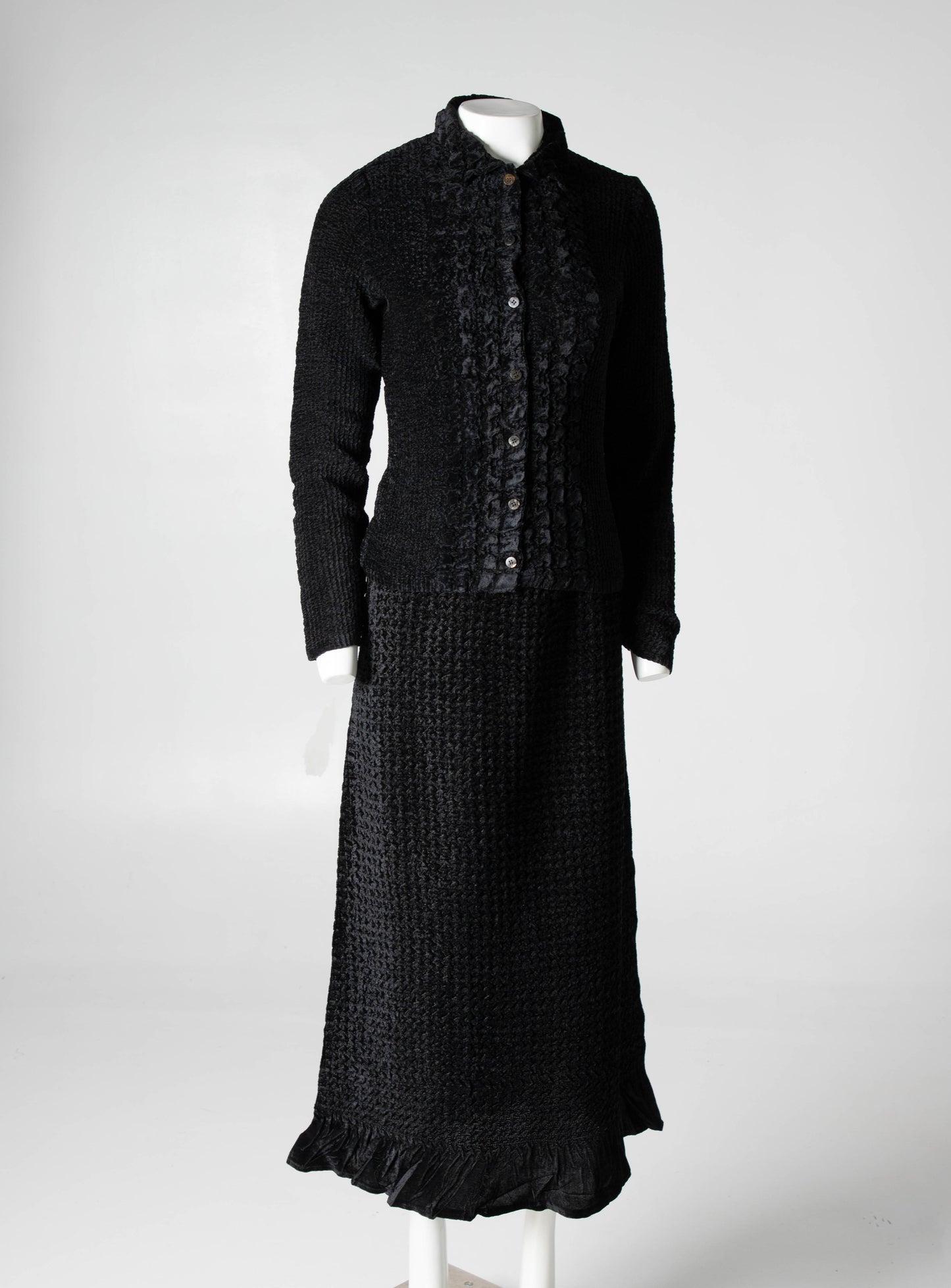 Yoshiki Hishinuma Black Velvet Crimp Pleated Skirt and Shirt Set