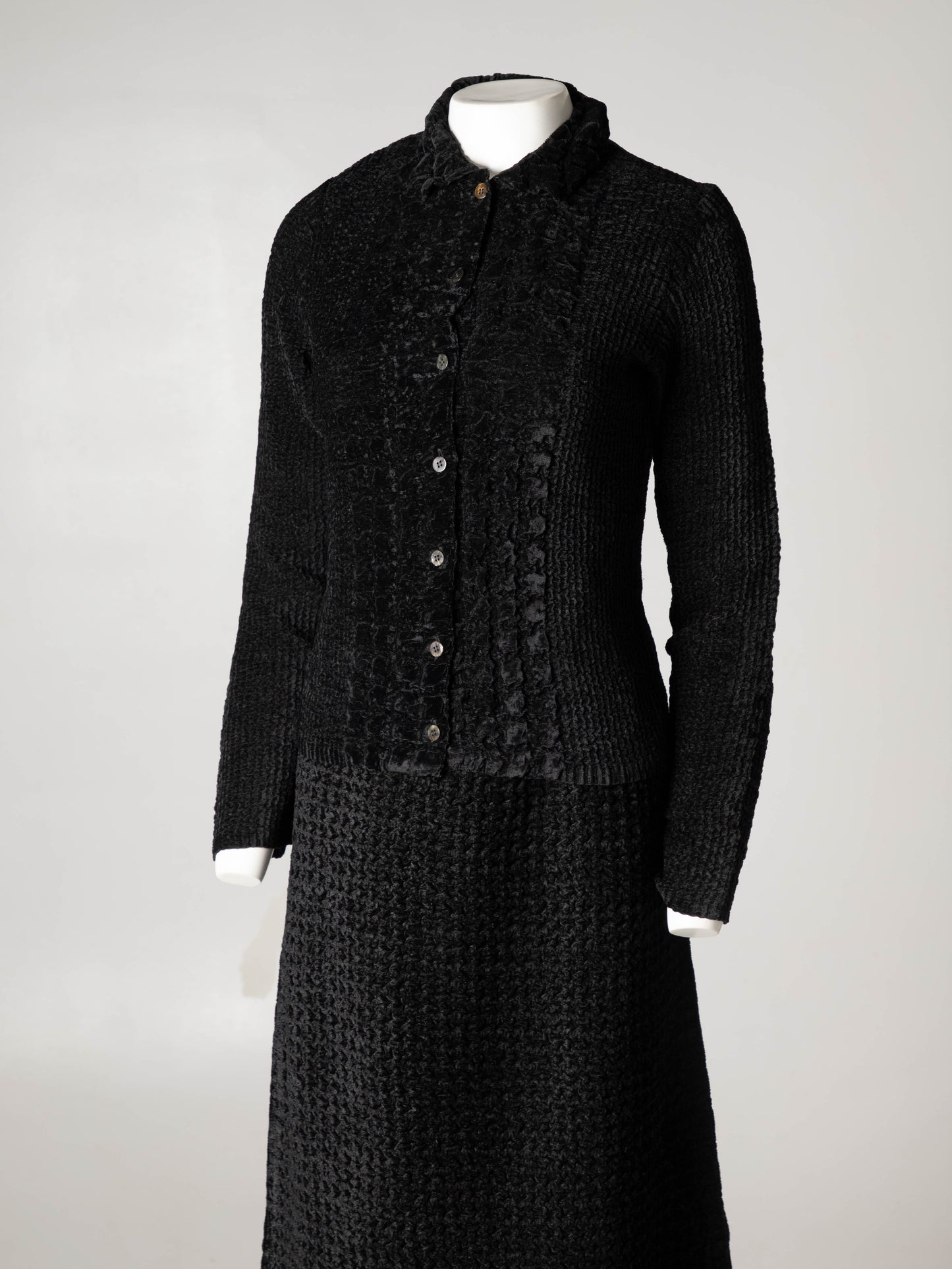 Yoshiki Hishinuma Black Velvet Crimp Pleated Skirt and Shirt Set