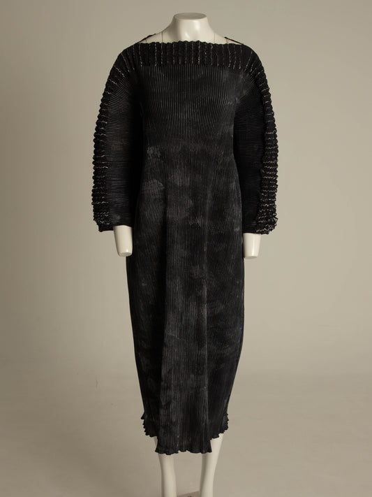 Art-to-wear Pleated Dark Green and Silver Dress