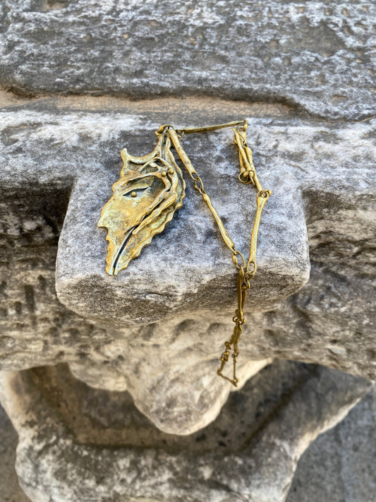Armando Lozano Ramirez Brutalist Bronze Leaf Face Necklace