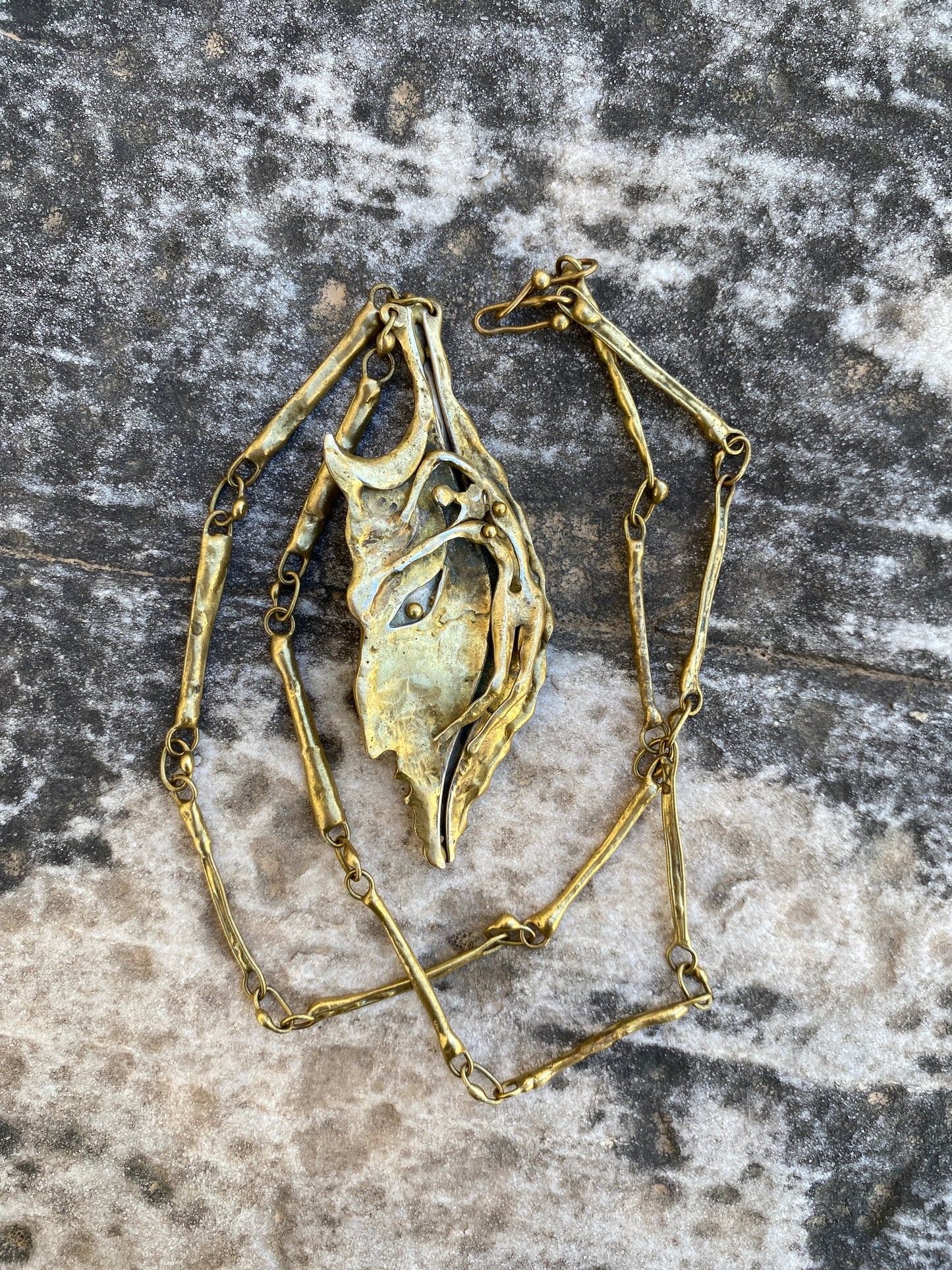Armando Lozano Ramirez Brutalist Bronze Leaf Face Necklace
