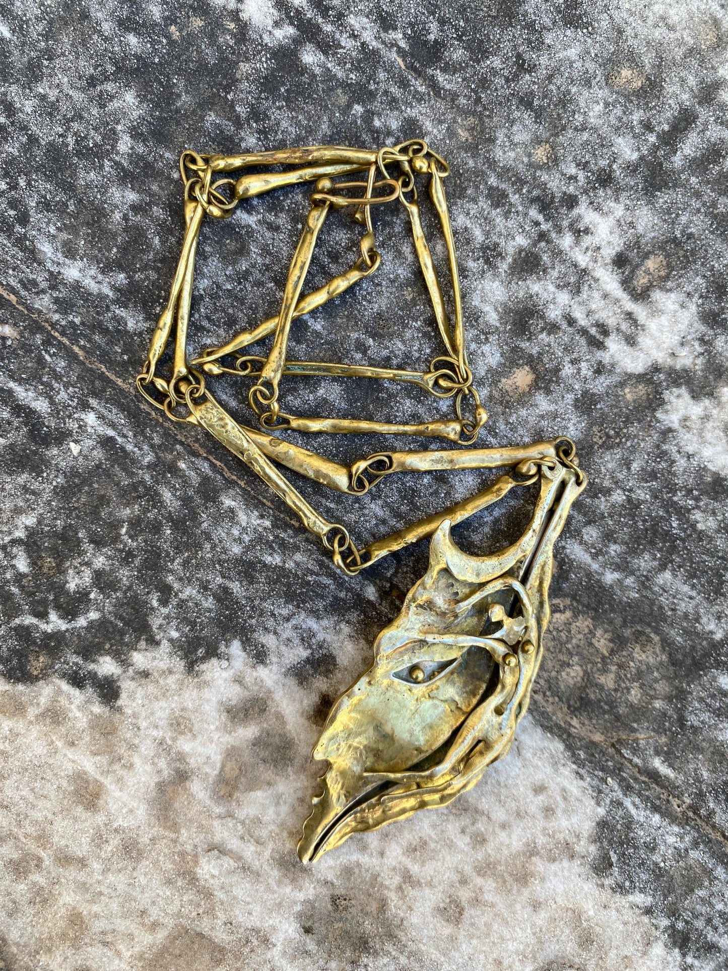 Armando Lozano Ramirez Brutalist Bronze Leaf Face Necklace