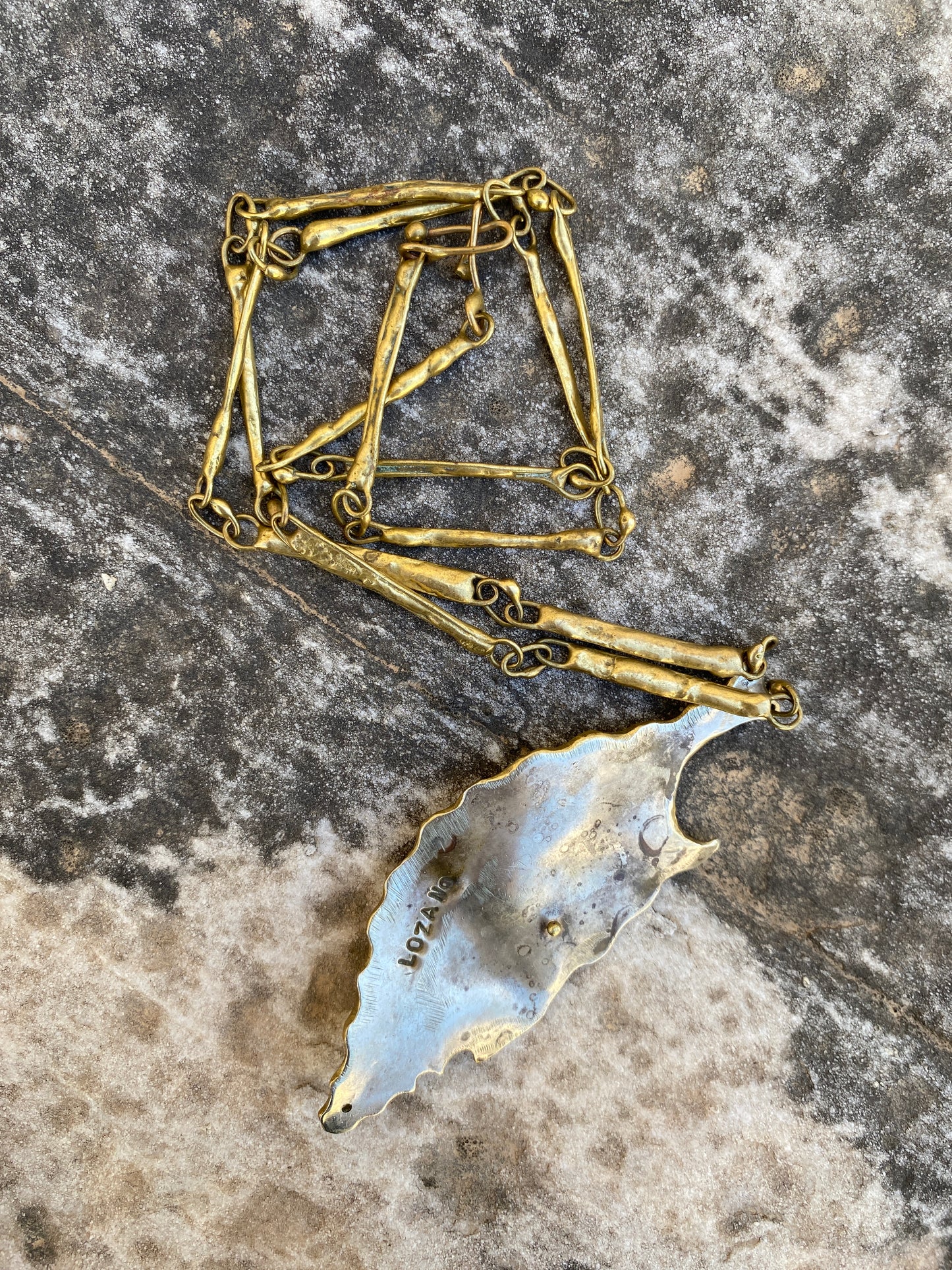 Armando Lozano Ramirez Brutalist Bronze Leaf Face Necklace