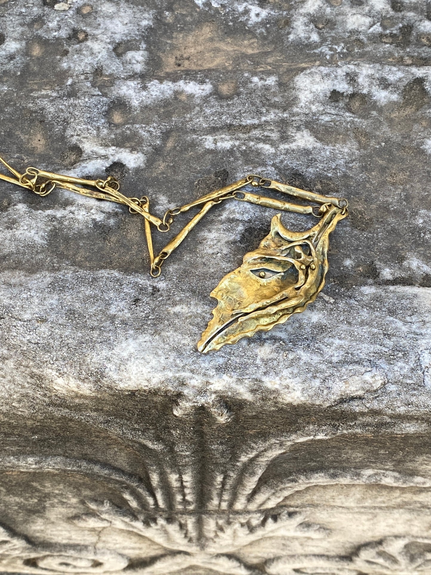 Armando Lozano Ramirez Brutalist Bronze Leaf Face Necklace