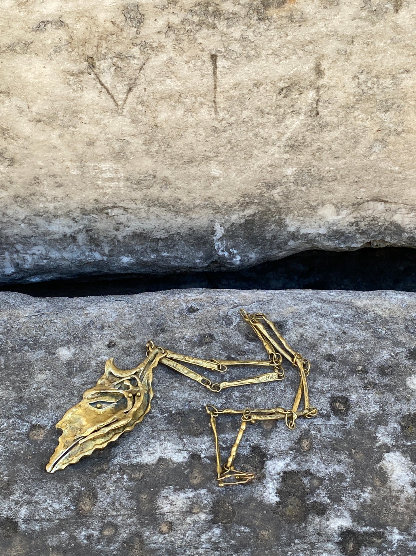 Armando Lozano Ramirez Brutalist Bronze Leaf Face Necklace