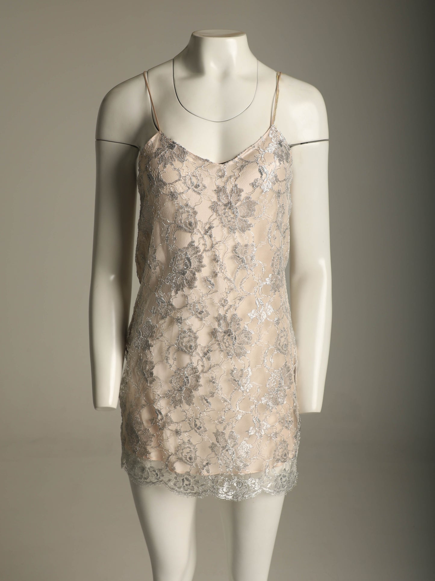 Ellis Flyte 80s Pale Pink Silk and Silver Lace Slip Dress