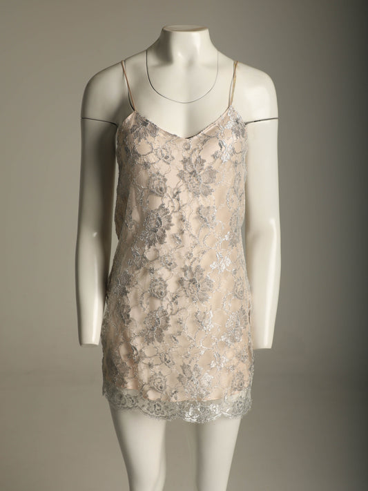 Ellis Flyte 80s Pale Pink Silk and Silver Lace Slip Dress