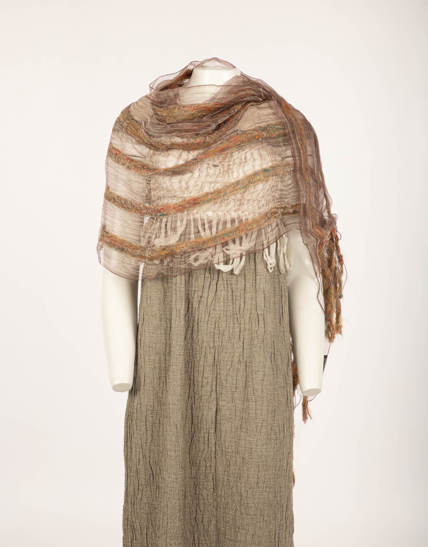 Mauve and Silver Silk Metal Shawl with Wool Stripes