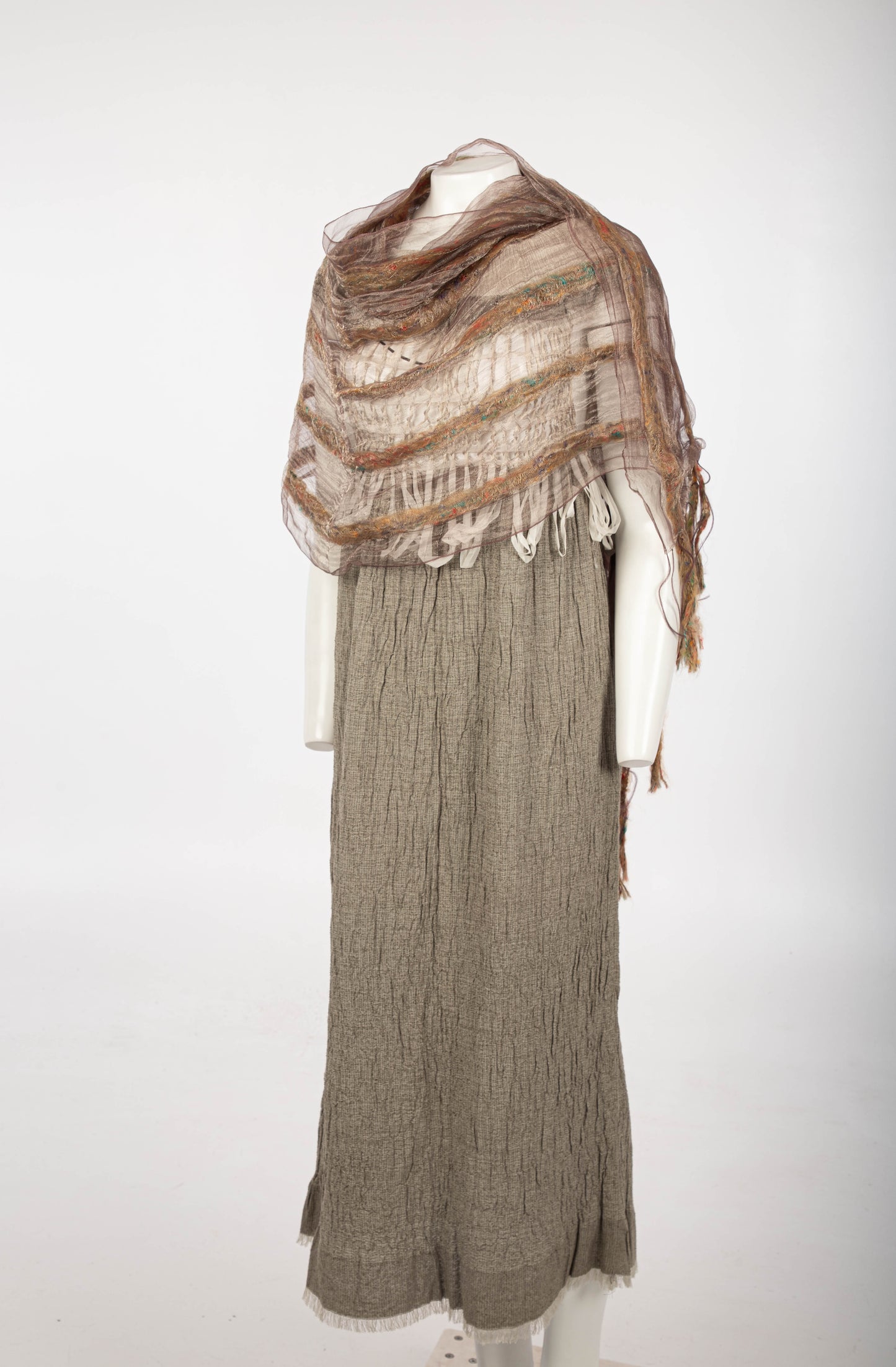 Mauve and Silver Silk Metal Shawl with Wool Stripes