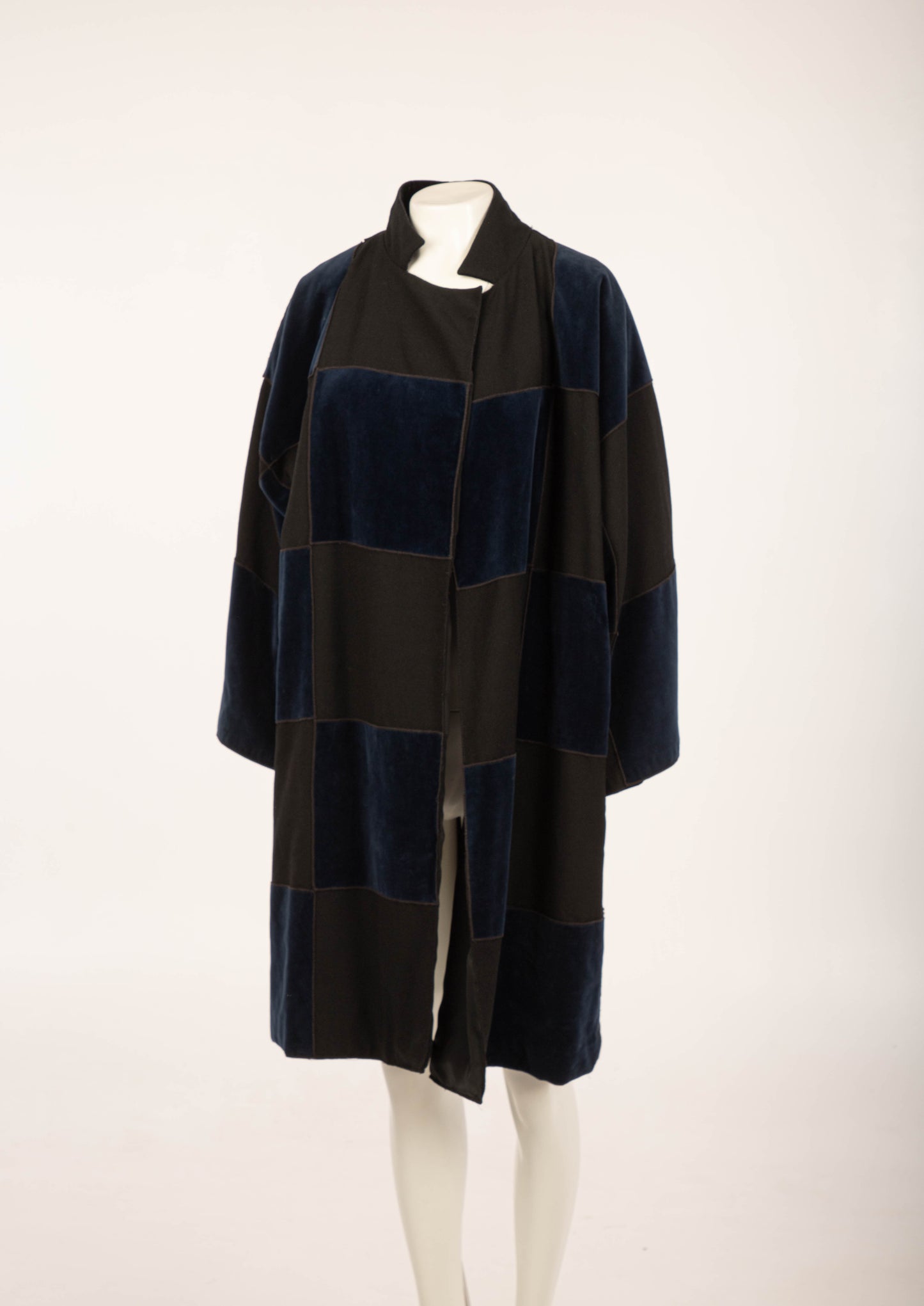 Rocco Barocco Black Crepe with Navy Velvet Patchwork Coat