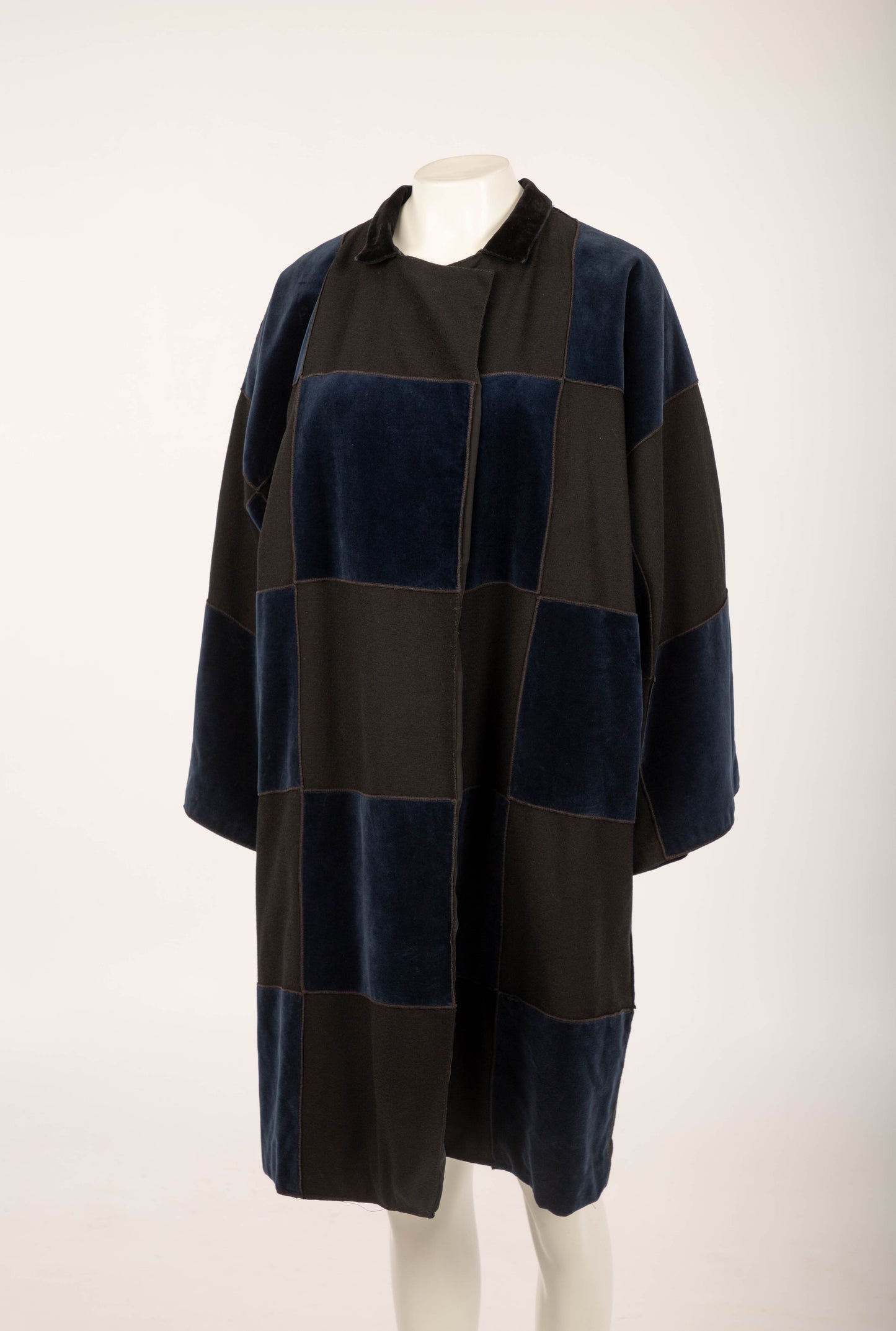 Rocco Barocco Black Crepe with Navy Velvet Patchwork Coat