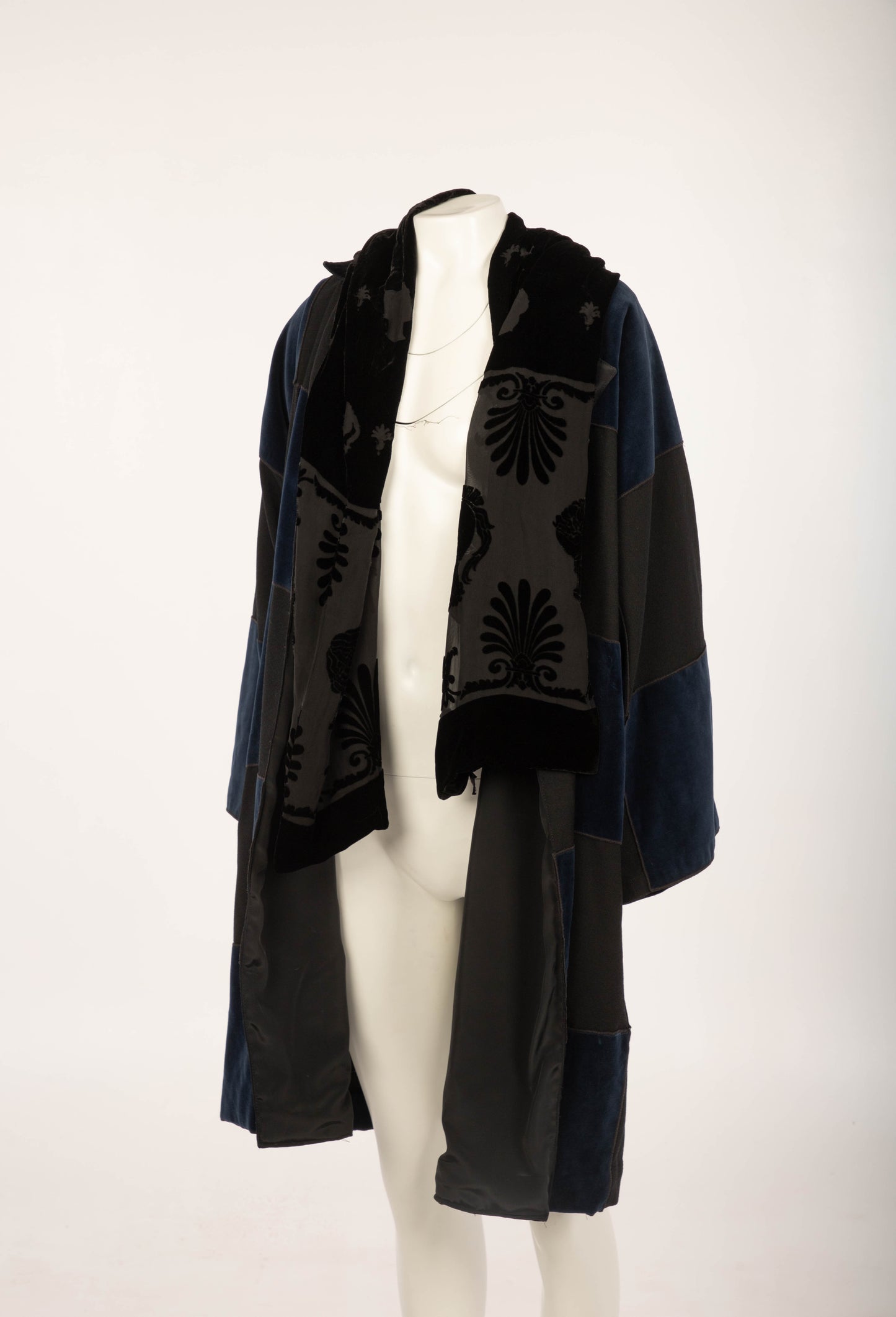 Rocco Barocco Black Crepe with Navy Velvet Patchwork Coat