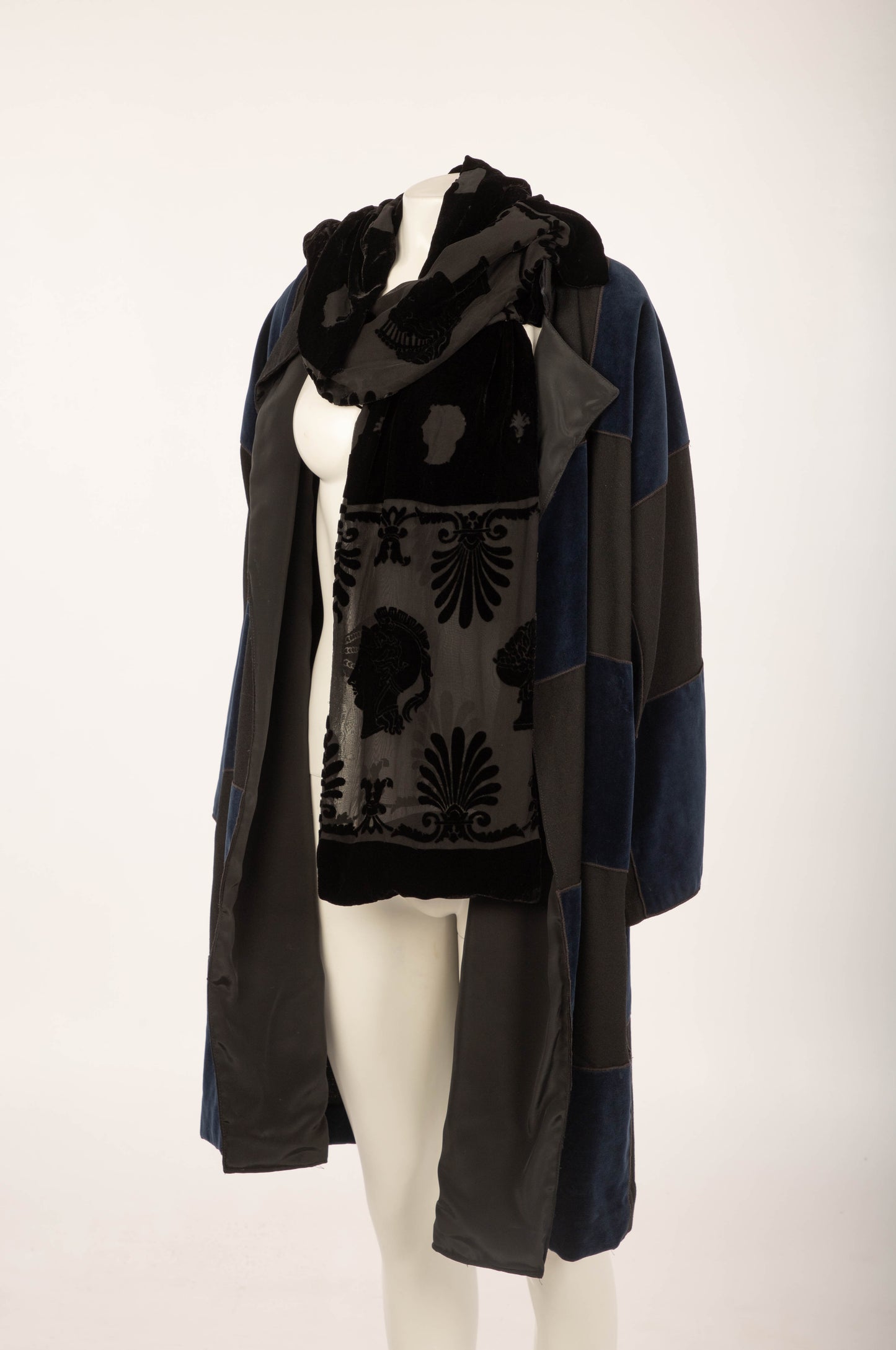 Rocco Barocco Black Crepe with Navy Velvet Patchwork Coat