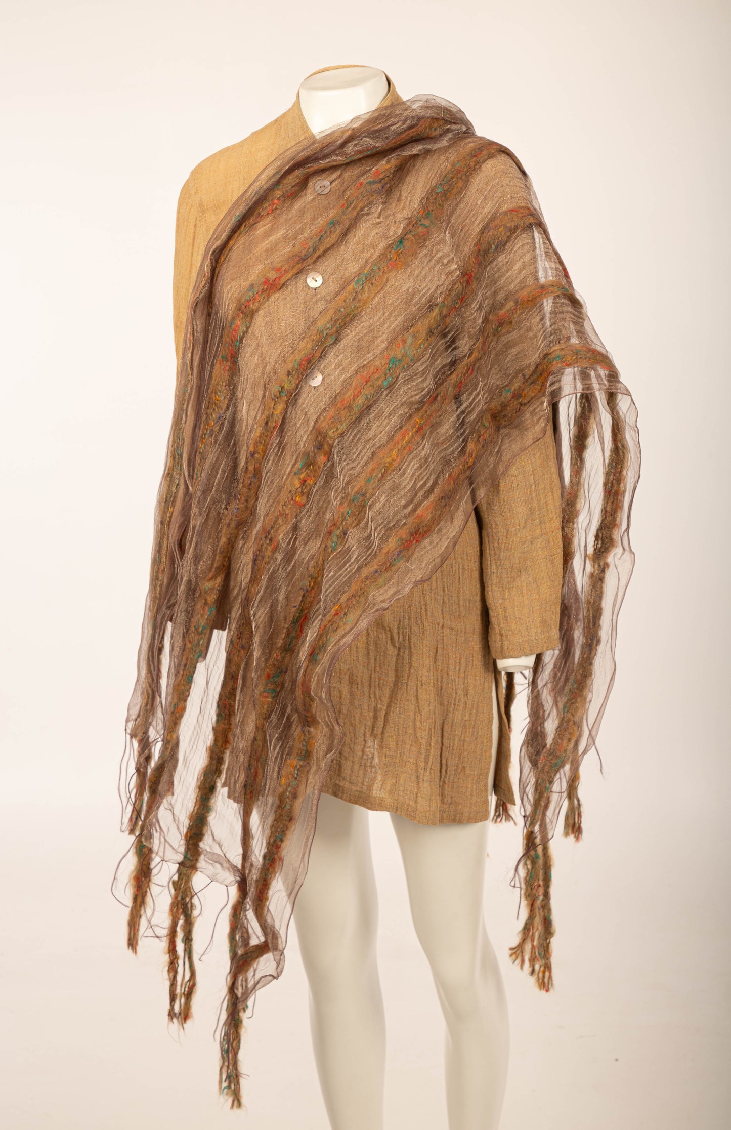 Mauve and Silver Silk Metal Shawl with Wool Stripes