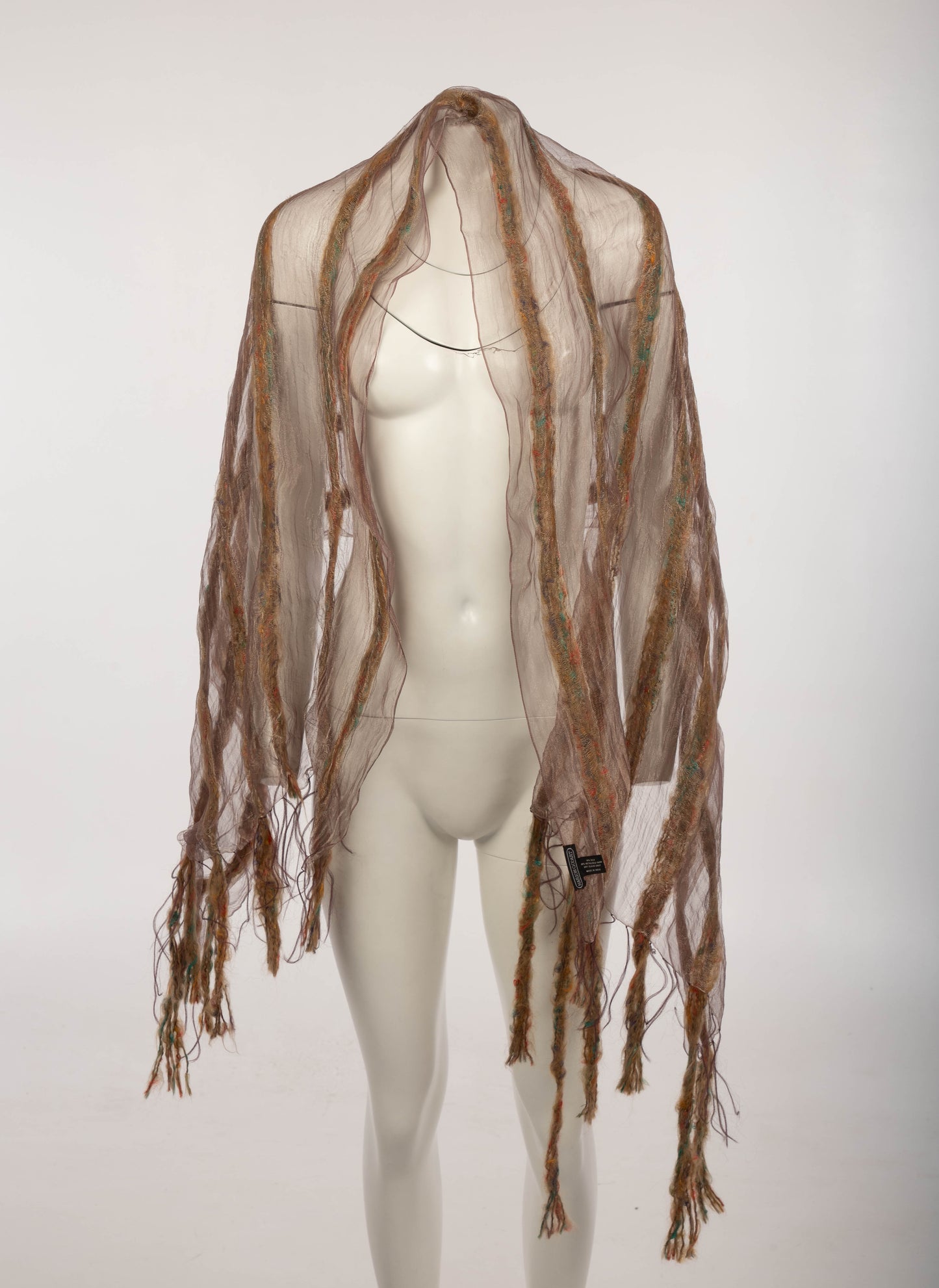 Mauve and Silver Silk Metal Shawl with Wool Stripes