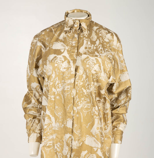 Cinzia Ruggeri 1986 Gold Screen Printed Shirt with Ziggurat Detail