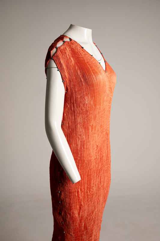 Delphos Venezia Coral Silk Pleated Dress