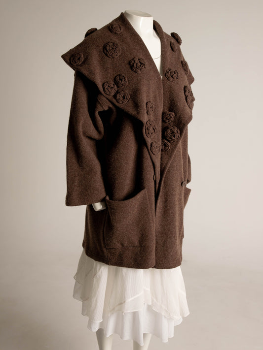 Joseph Tricot Brown Lambswool Shawl Collar Knitted Jacket with Rosettes