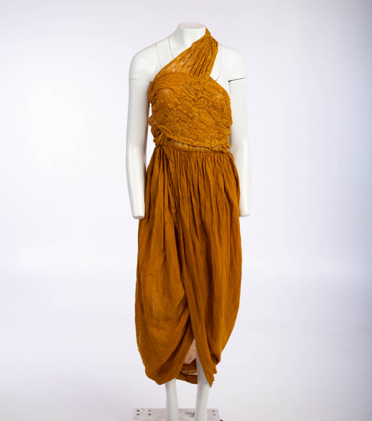 Callaghan - Romeo Gigli Era - Golden Ochre Cocoon Dress with Draped Lace Top