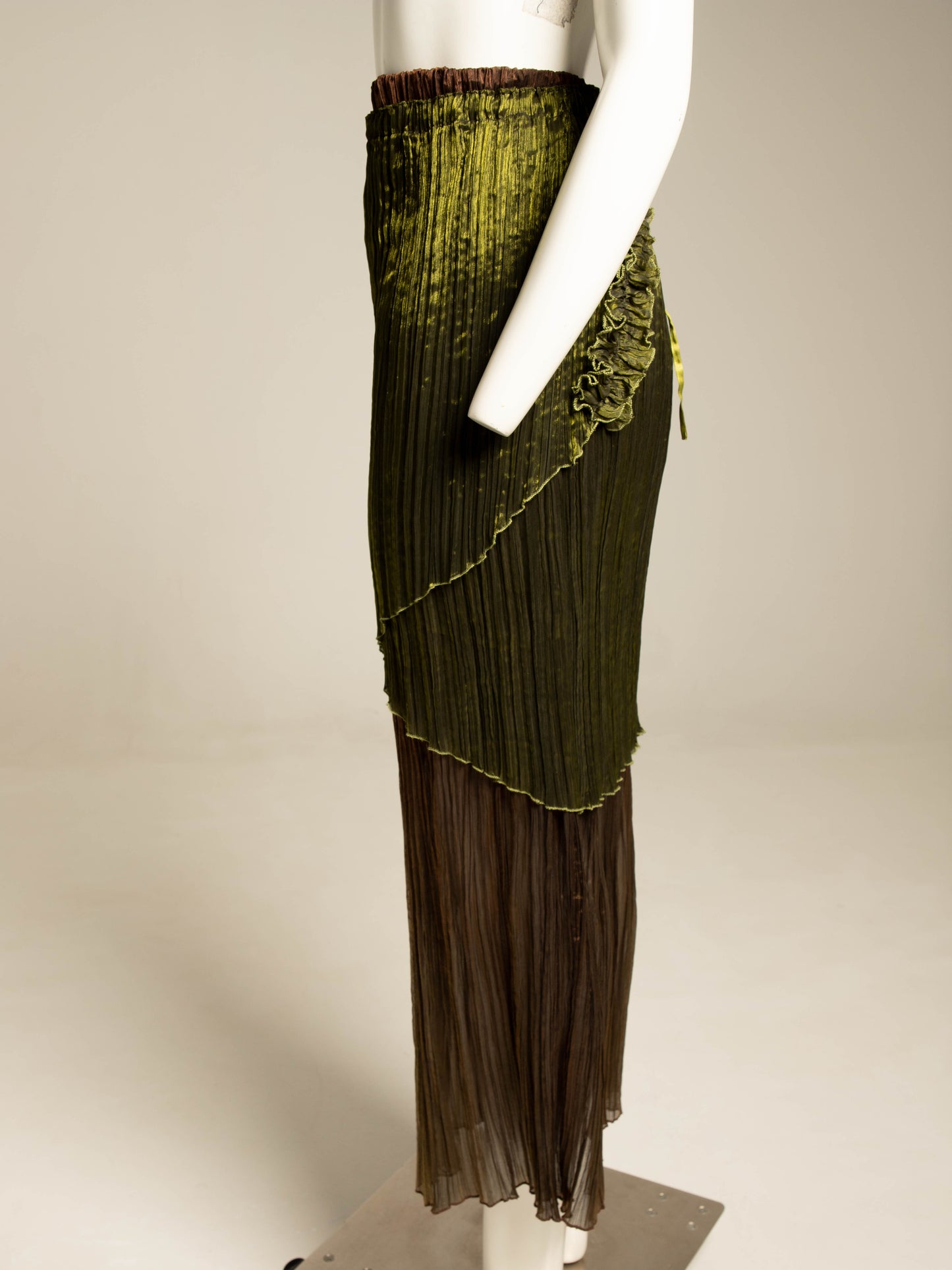 Art-to-wear Bronze and Green Pleated Layered Skirt