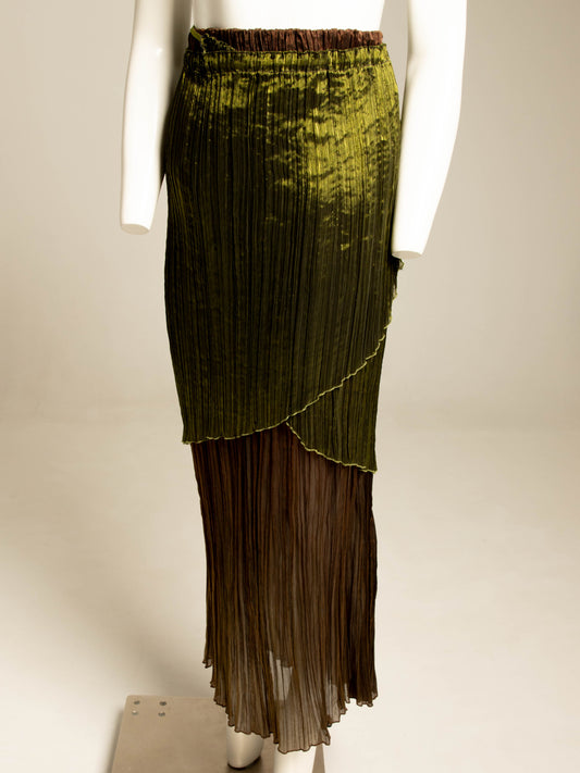 Art-to-wear Bronze and Green Pleated Layered Skirt